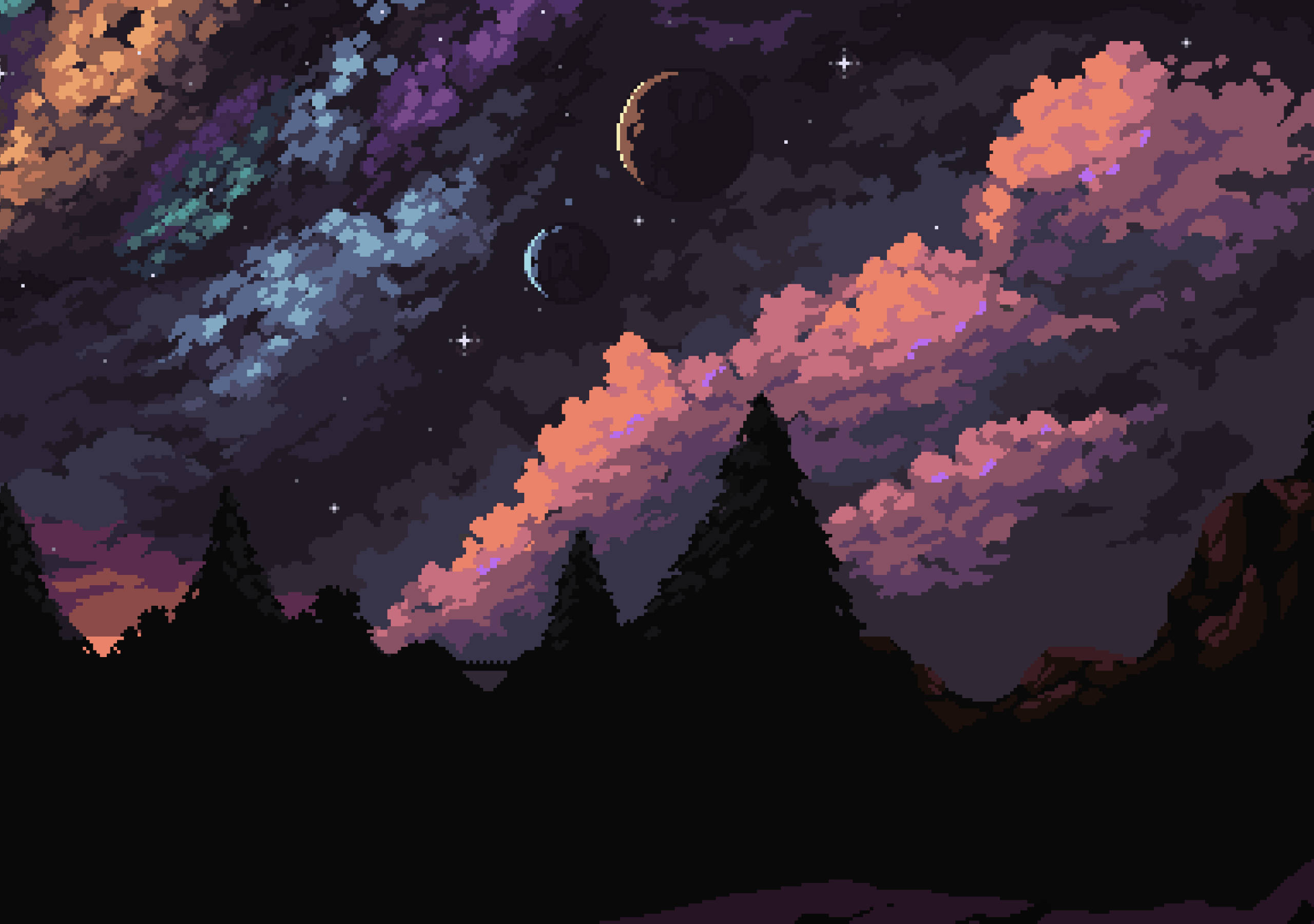 Aesthetic Pixel Art, twilight, silhouetted trees, 2K Desktop Wallpaper