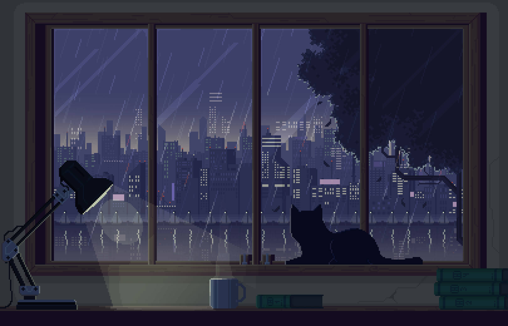 pixel-art cat, rain-slicked window, glowing cityscape, HD Desktop Wallpaper