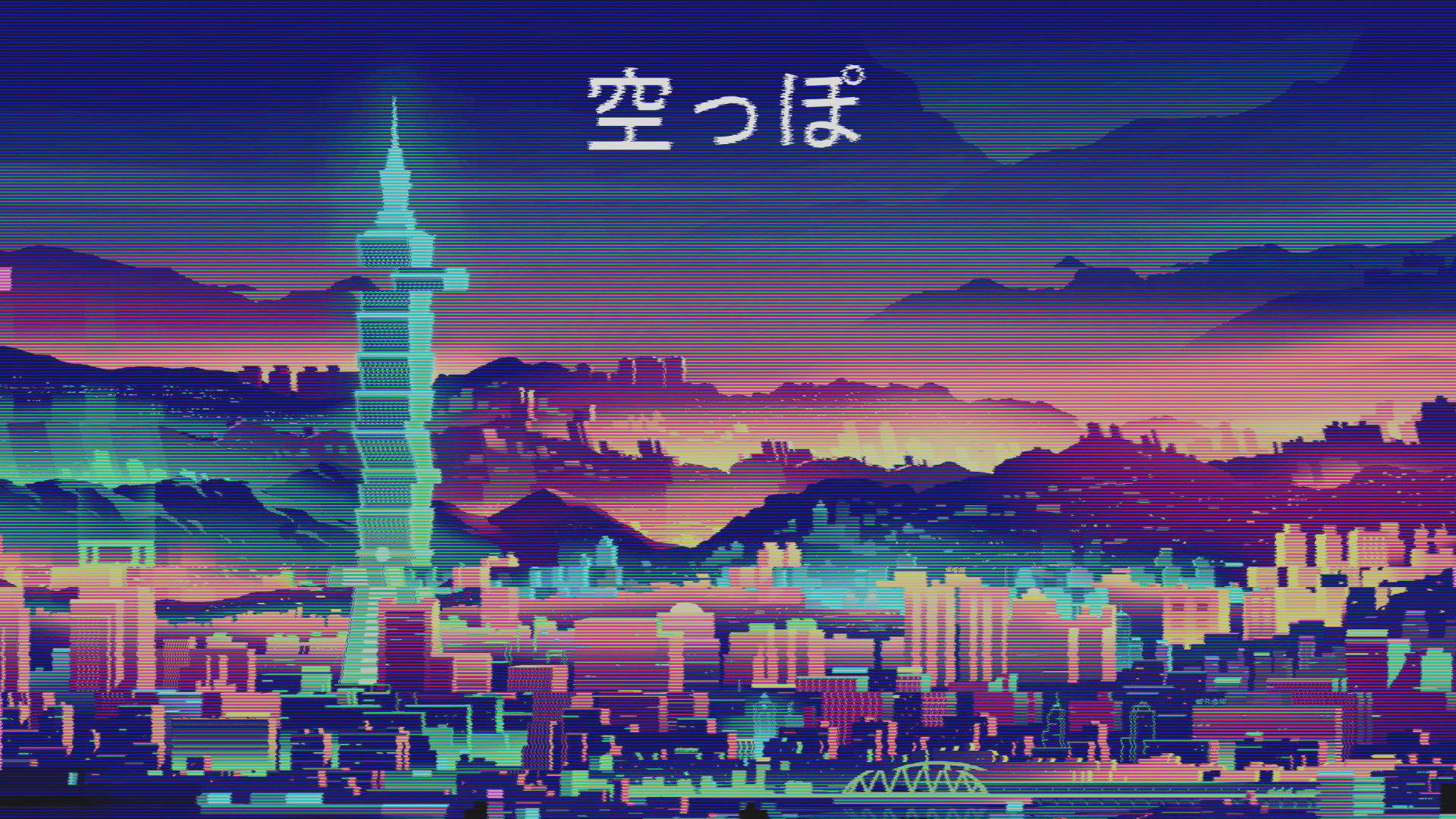 Japanese Aesthetic Pixel Landscape, sunset, glowing neon towers, Full HD Desktop Wallpaper