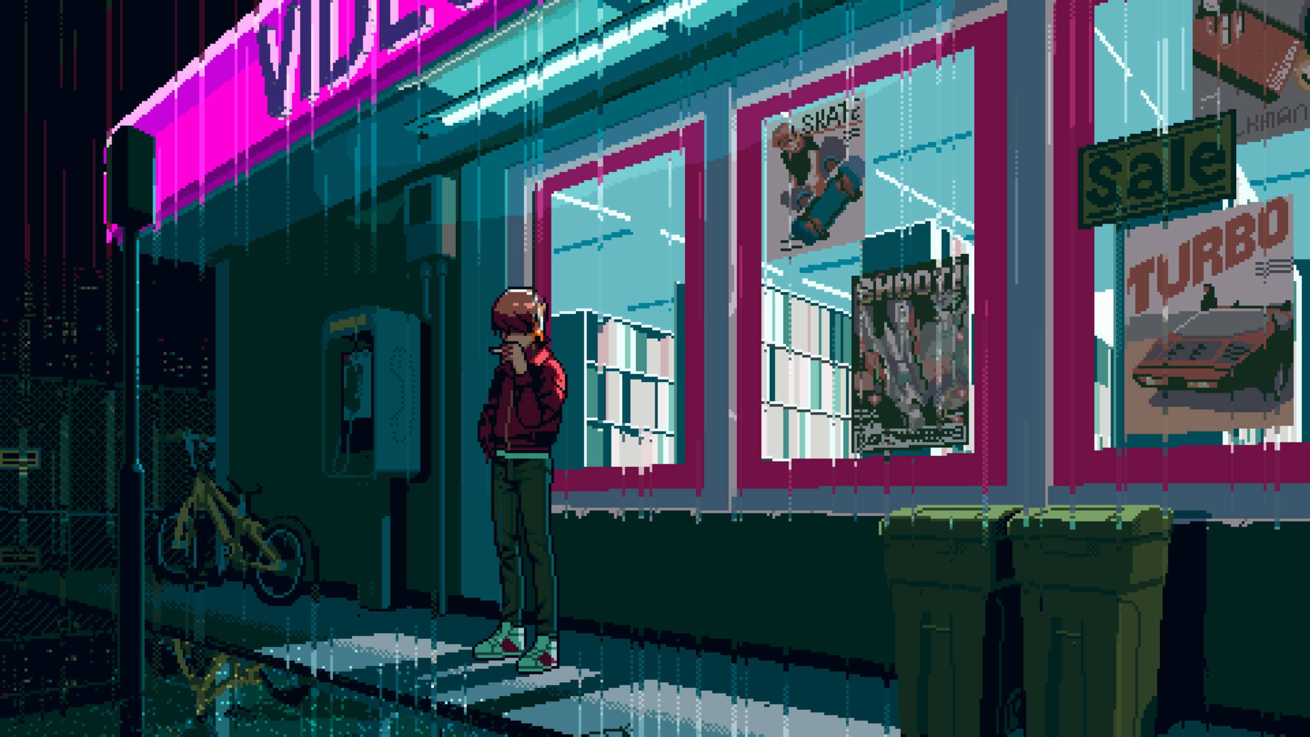 neon sign, video store, rainy night, 2K Desktop Wallpaper