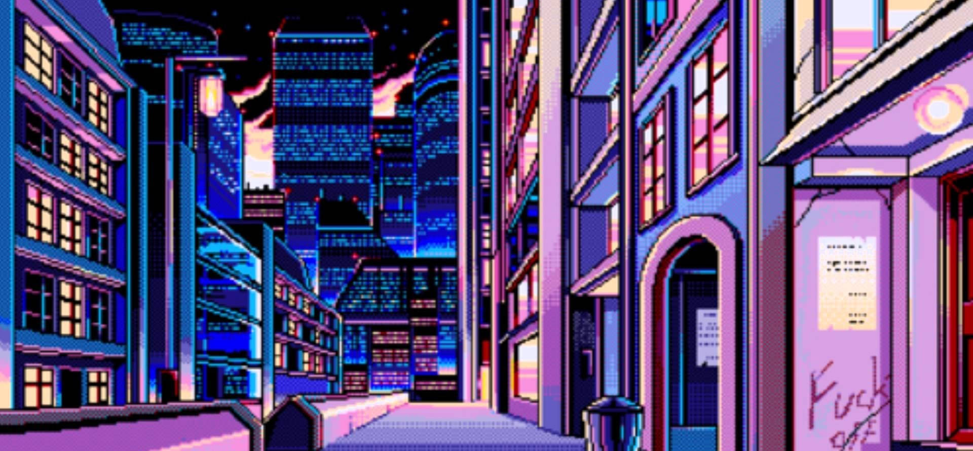 Pixel-art city alley, twilight, neon lights, Full HD Desktop Wallpaper