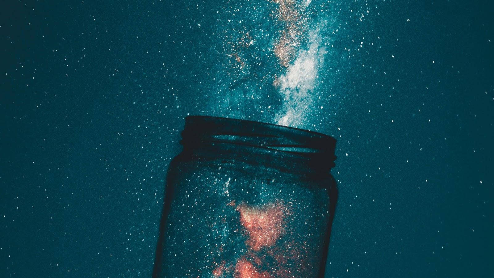 glass jar, swirling cosmic dust, deep teal starry background, HD Desktop Wallpaper