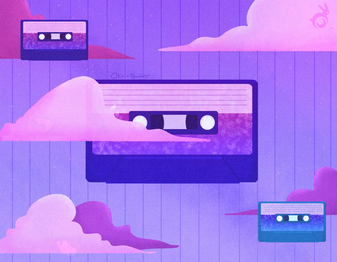 cassette tape, soft pink clouds, purple striped sky, HD Desktop Wallpaper
