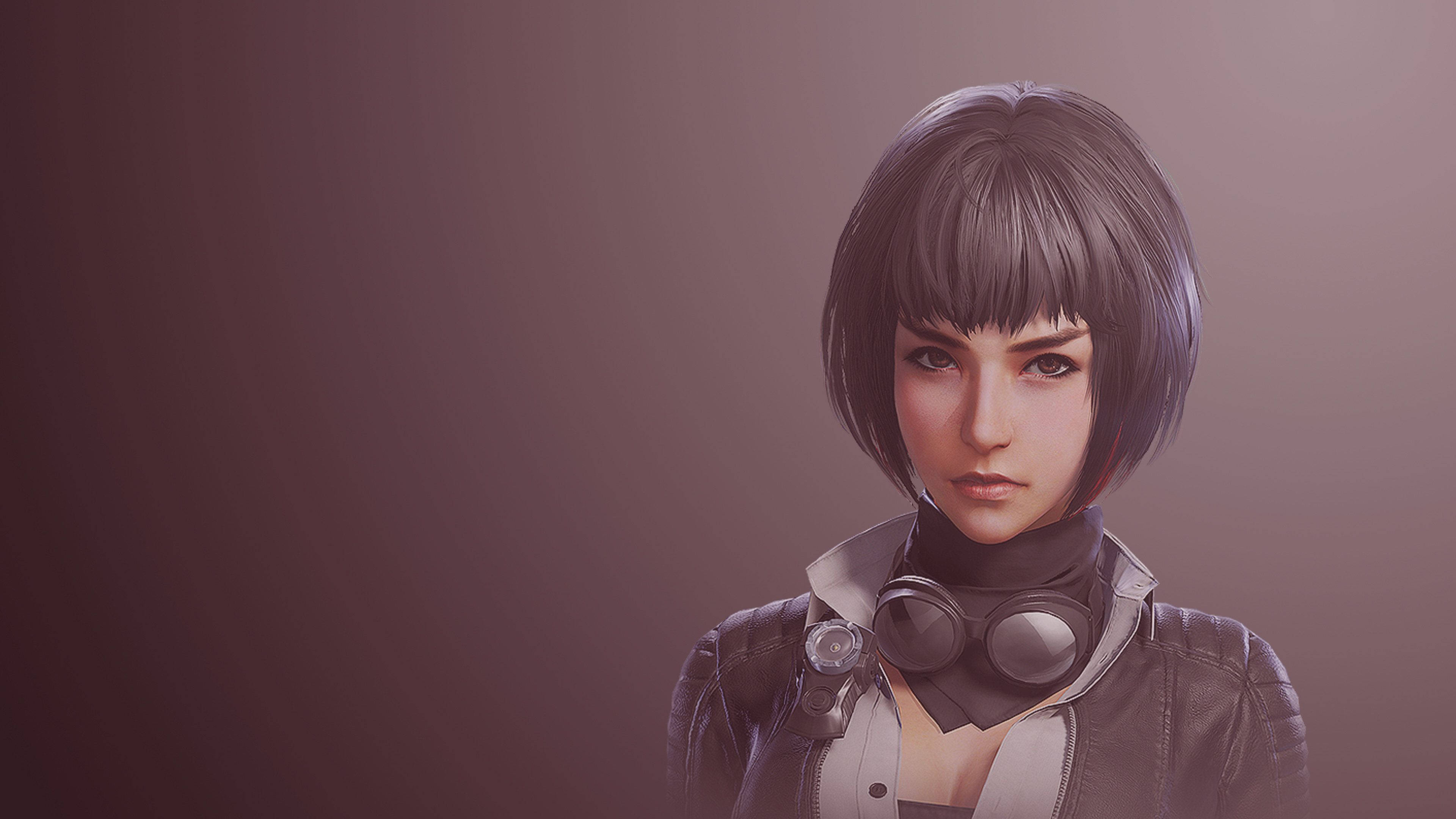 cyberpunk-style woman, short dark hair, goggles around her neck, 4K Desktop Wallpaper