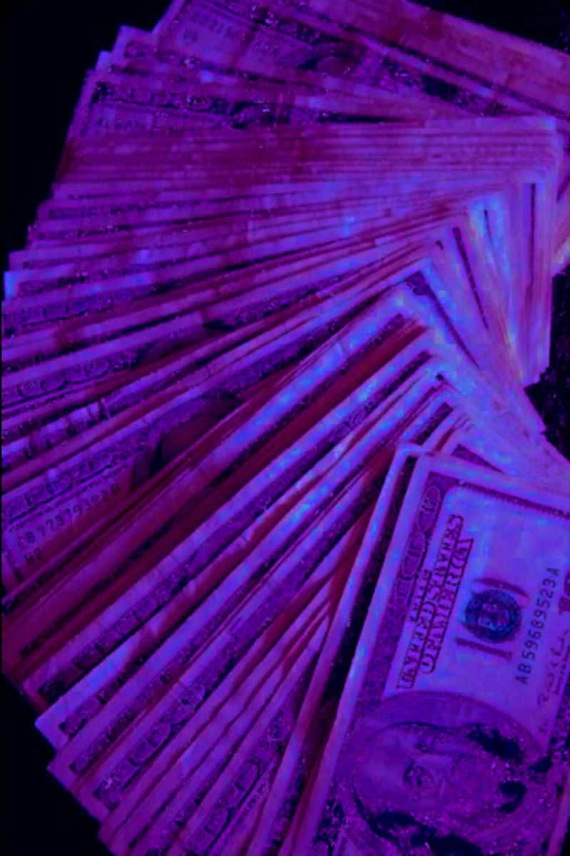 US dollar bills, purple UV light, black background, SD Phone Wallpaper