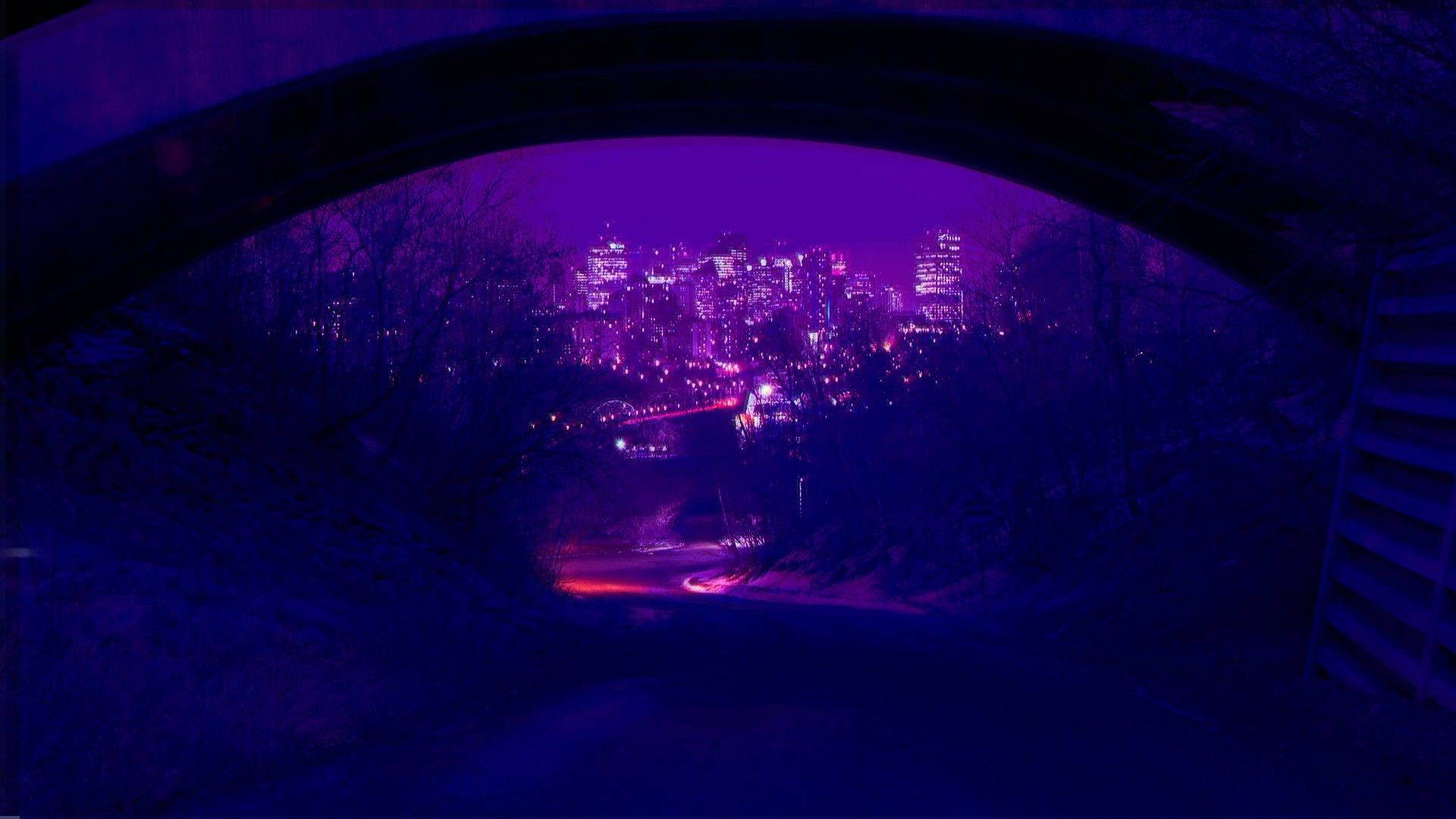 distant megacity, purple-hued city skyline, dark stone archway, Full HD Desktop Wallpaper
