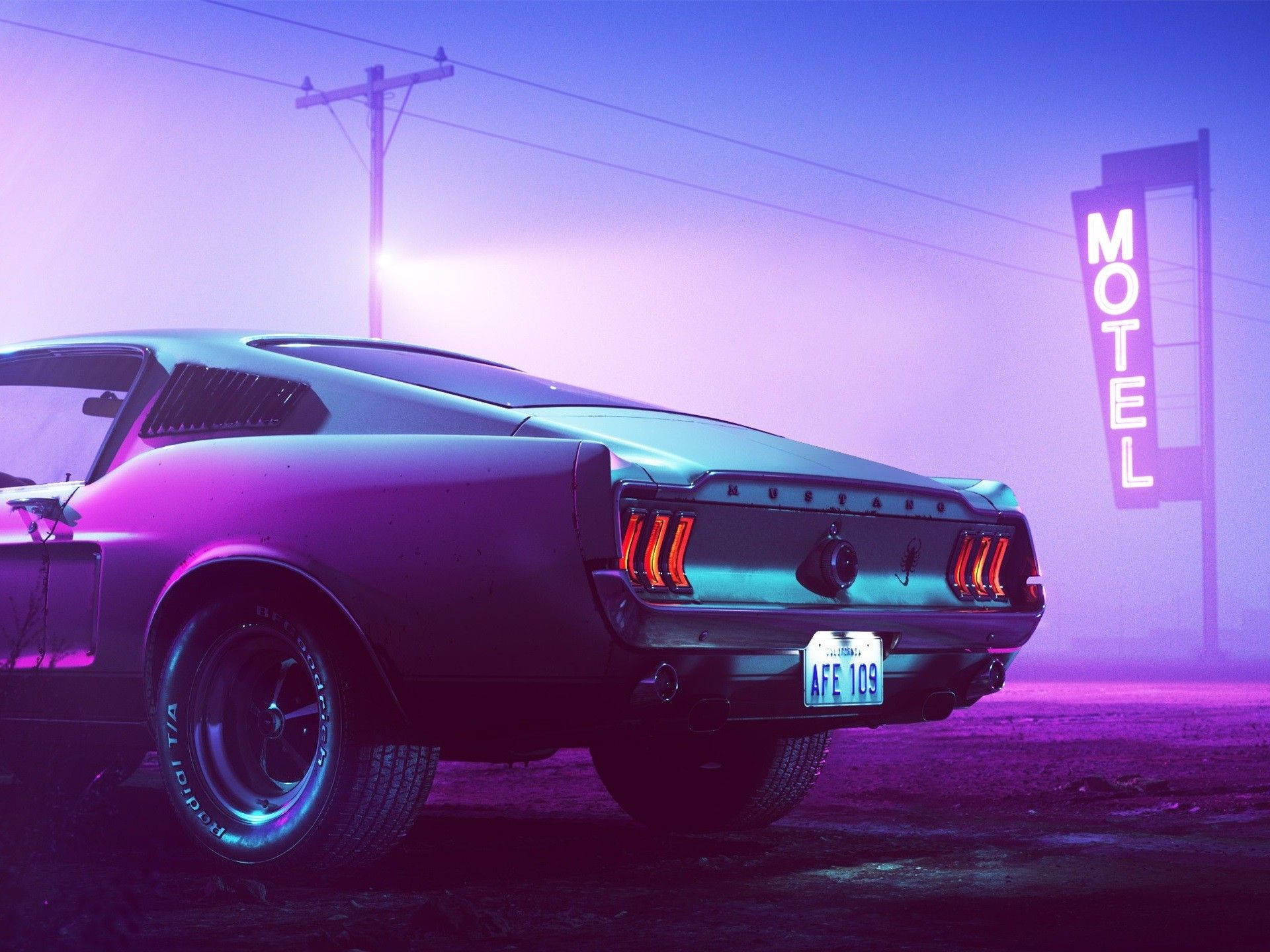 vintage Mustang, neon purple mist, glowing motel sign, Full HD Desktop Wallpaper