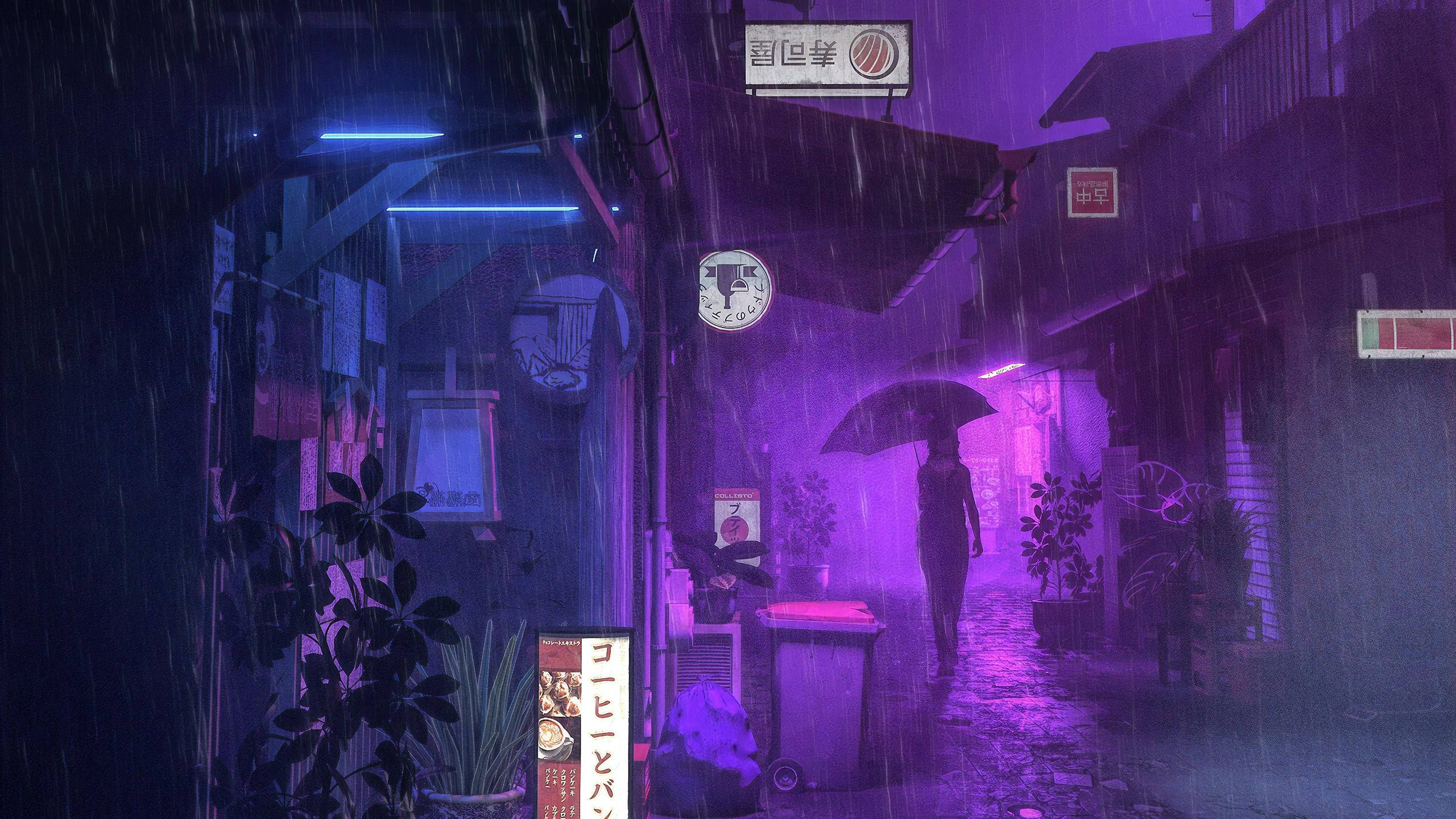 Aesthetic Purple Neon Computer, purple and blue lights, neon-lit rainy alleyway, 2K Desktop Wallpaper
