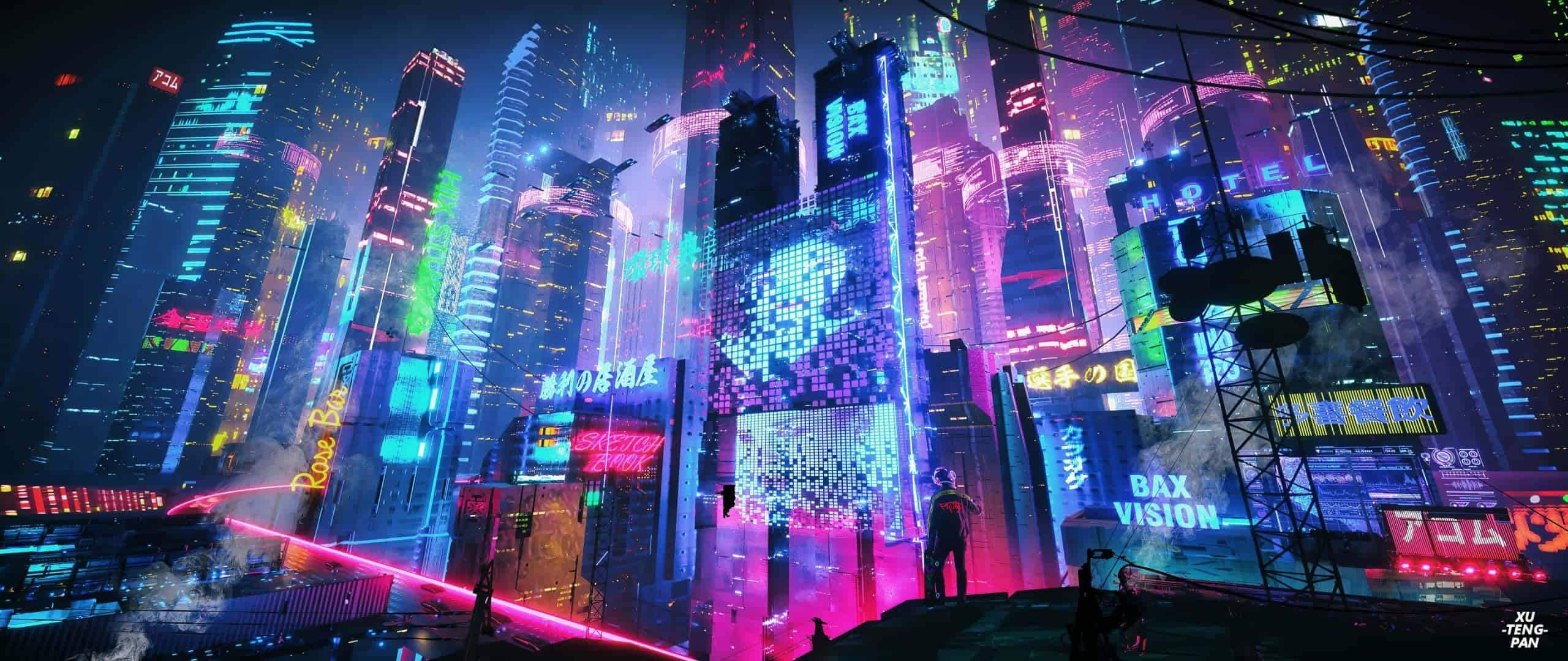 Aesthetic Purple Neon Computer, megacity, rooftop, 2K Desktop Wallpaper