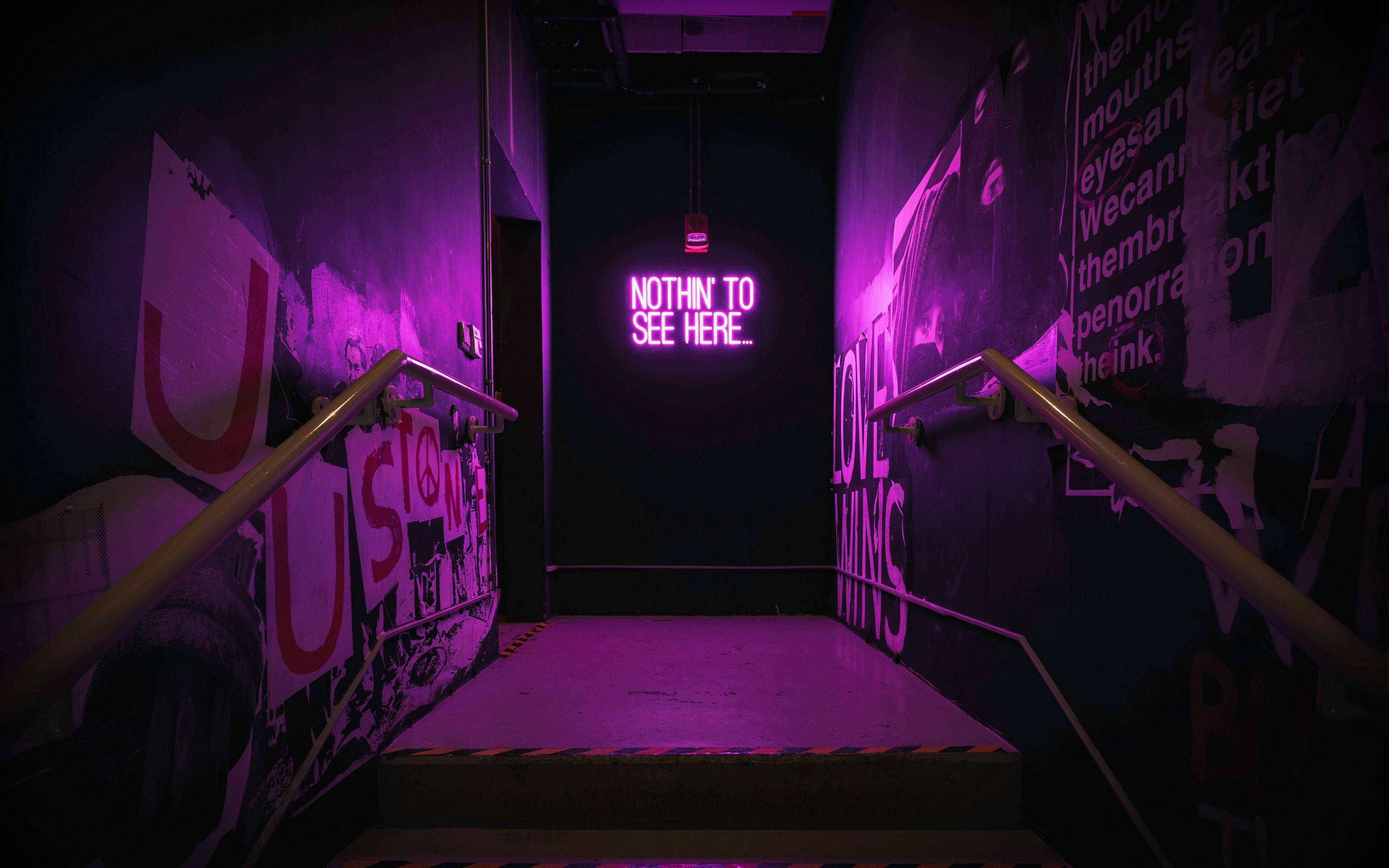 Suspicious Hallway, purple neon light, graffiti-covered walls, 4K Desktop Wallpaper