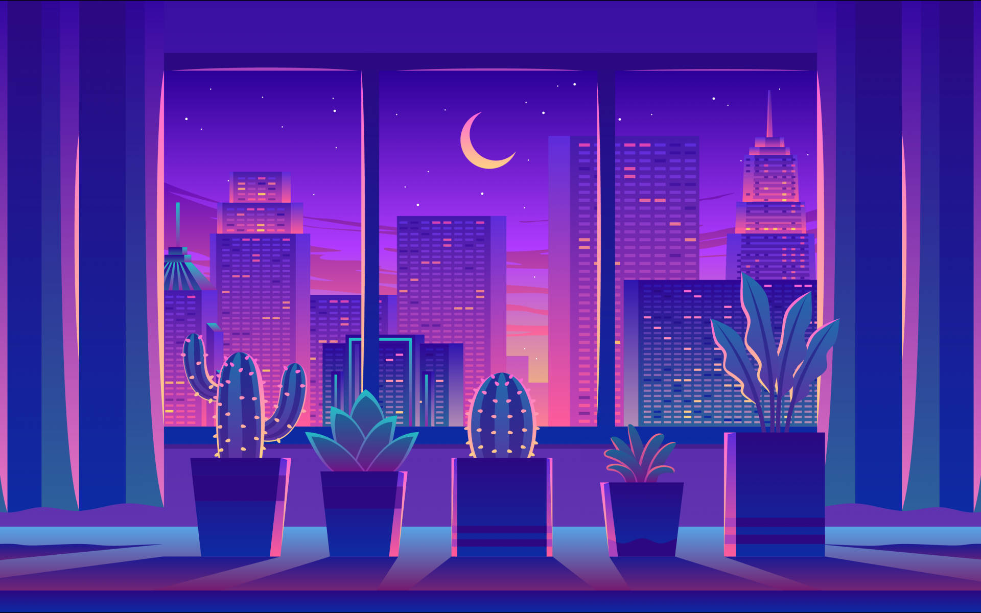 Aesthetic Purple Neon Computer, Purple neon cityscape, window at night, Full HD Desktop Wallpaper