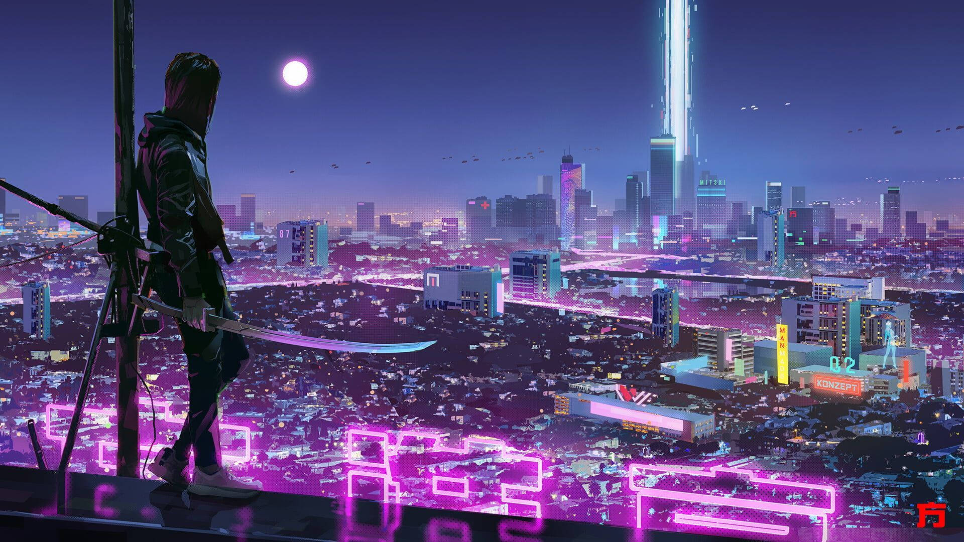 Urban Japanese Aesthetic Purple Neon Computer, neon-drenched cyberpunk cityscape, glowing moon, Full HD Desktop Wallpaper