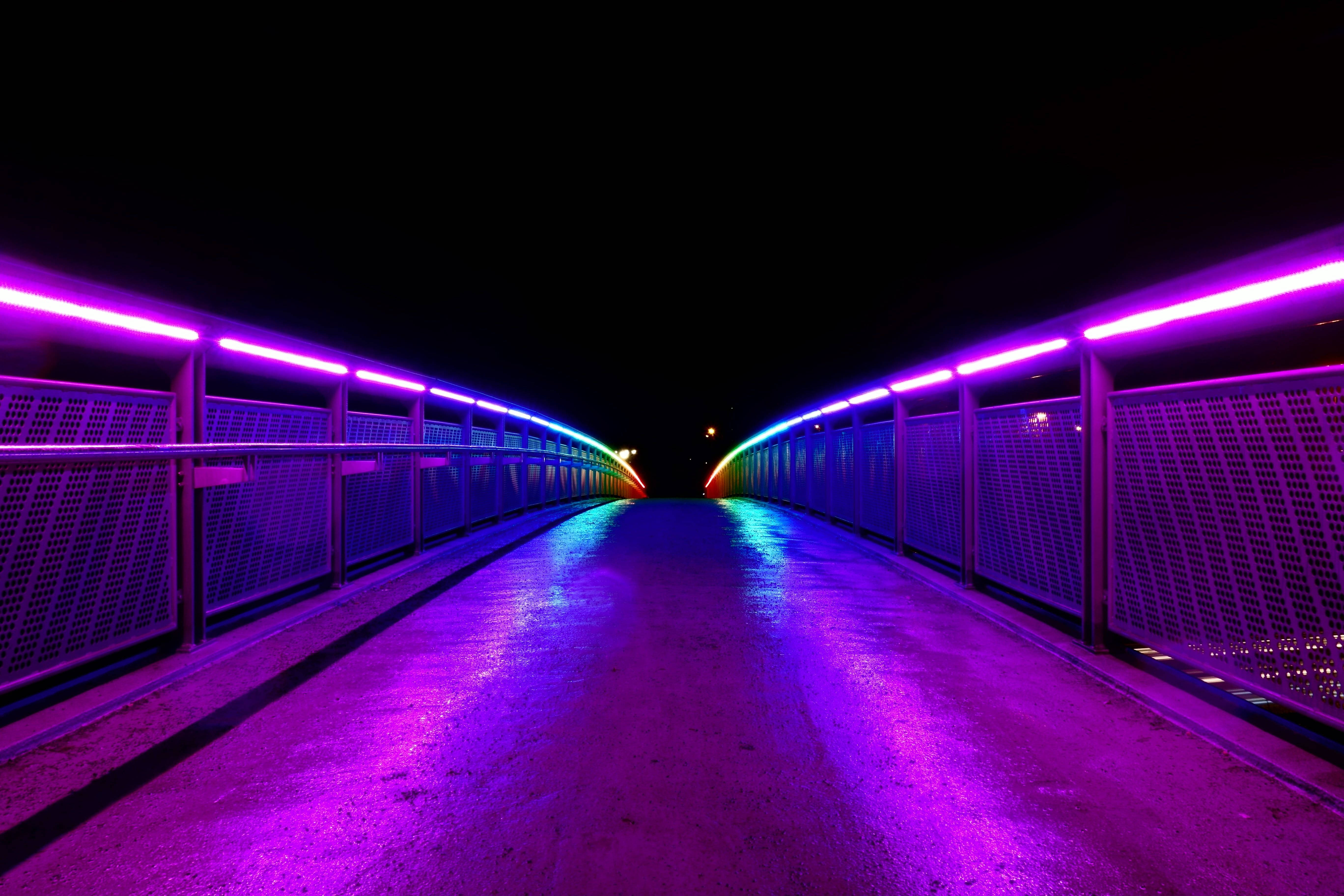 Empty Bridge, purple neon, blue lights, 5K Desktop Wallpaper