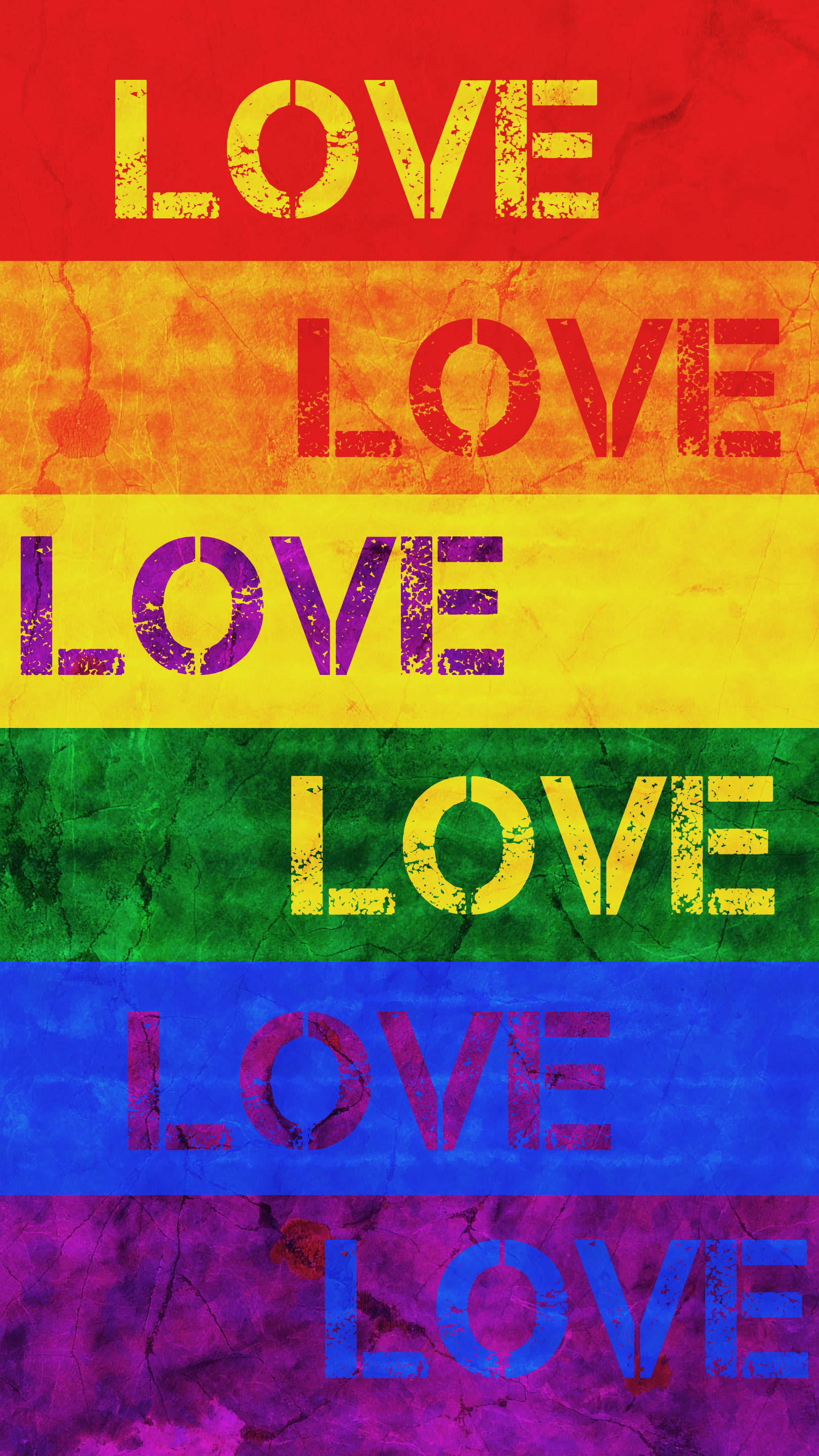 Textured Love Rainbow LGBT Phone, rainbow stripes, stenciled love text, 2K Phone Wallpaper