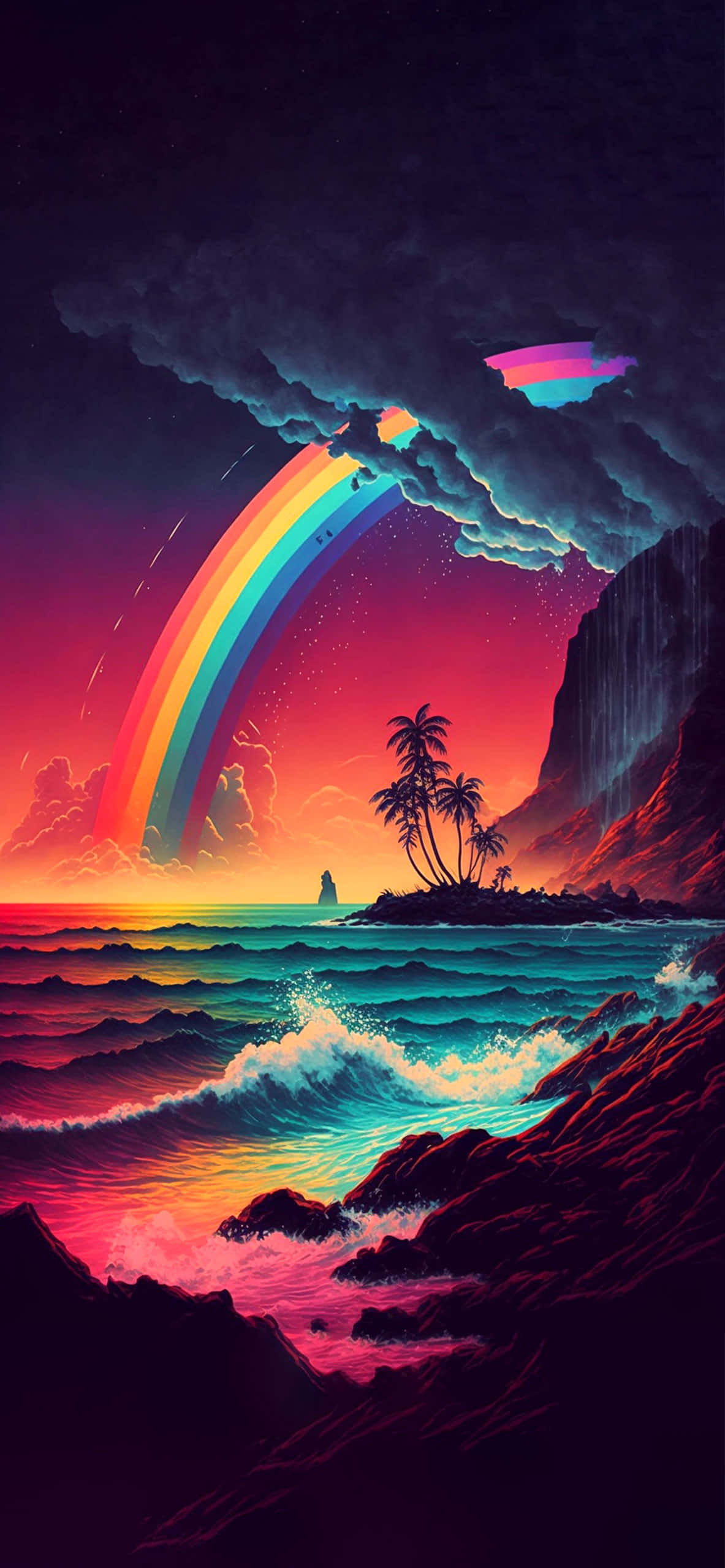neon rainbow, tropical island, sunset, 2K Phone Wallpaper