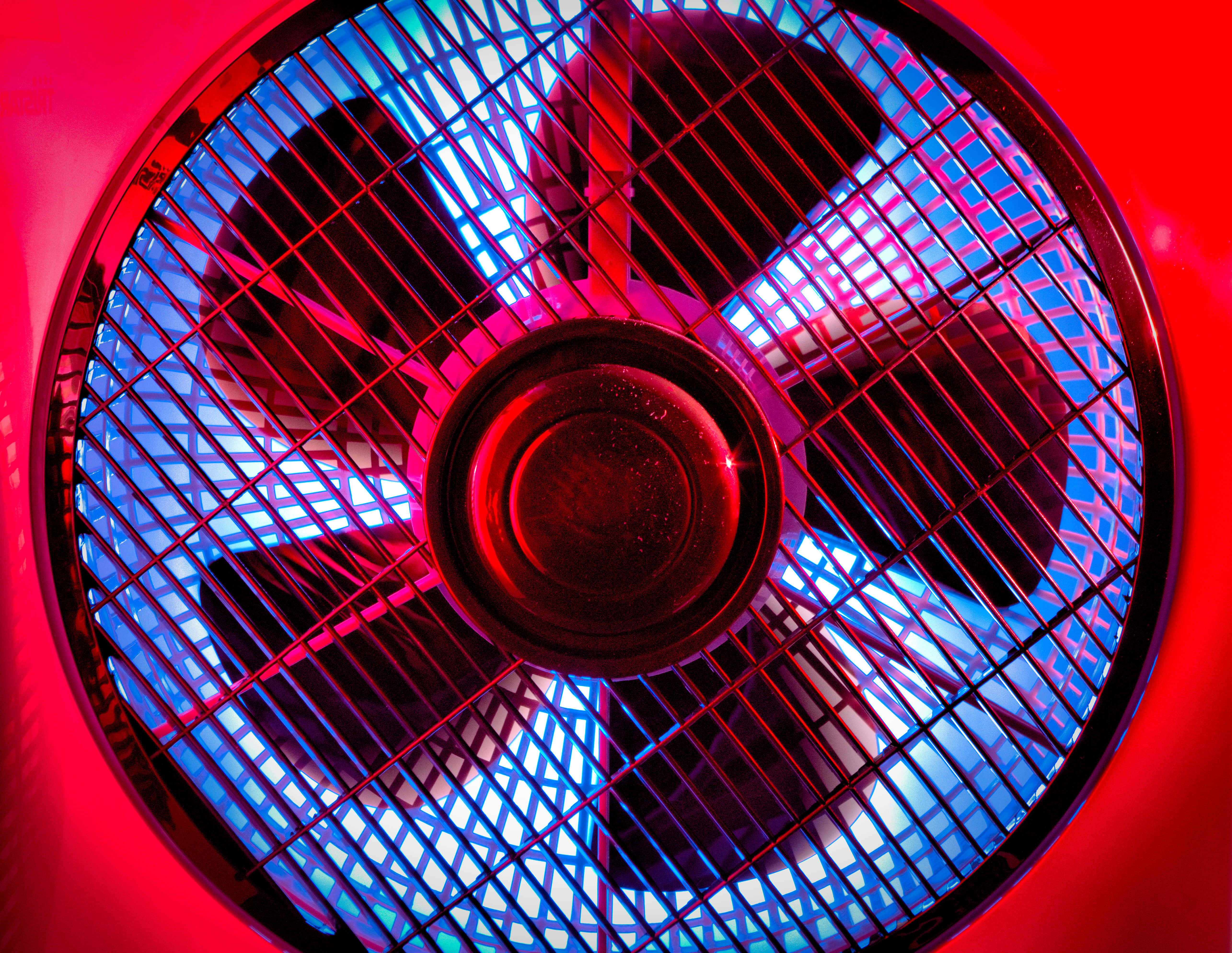 Neon Red Fan, vibrant red, blue lights, 5K Desktop Wallpaper