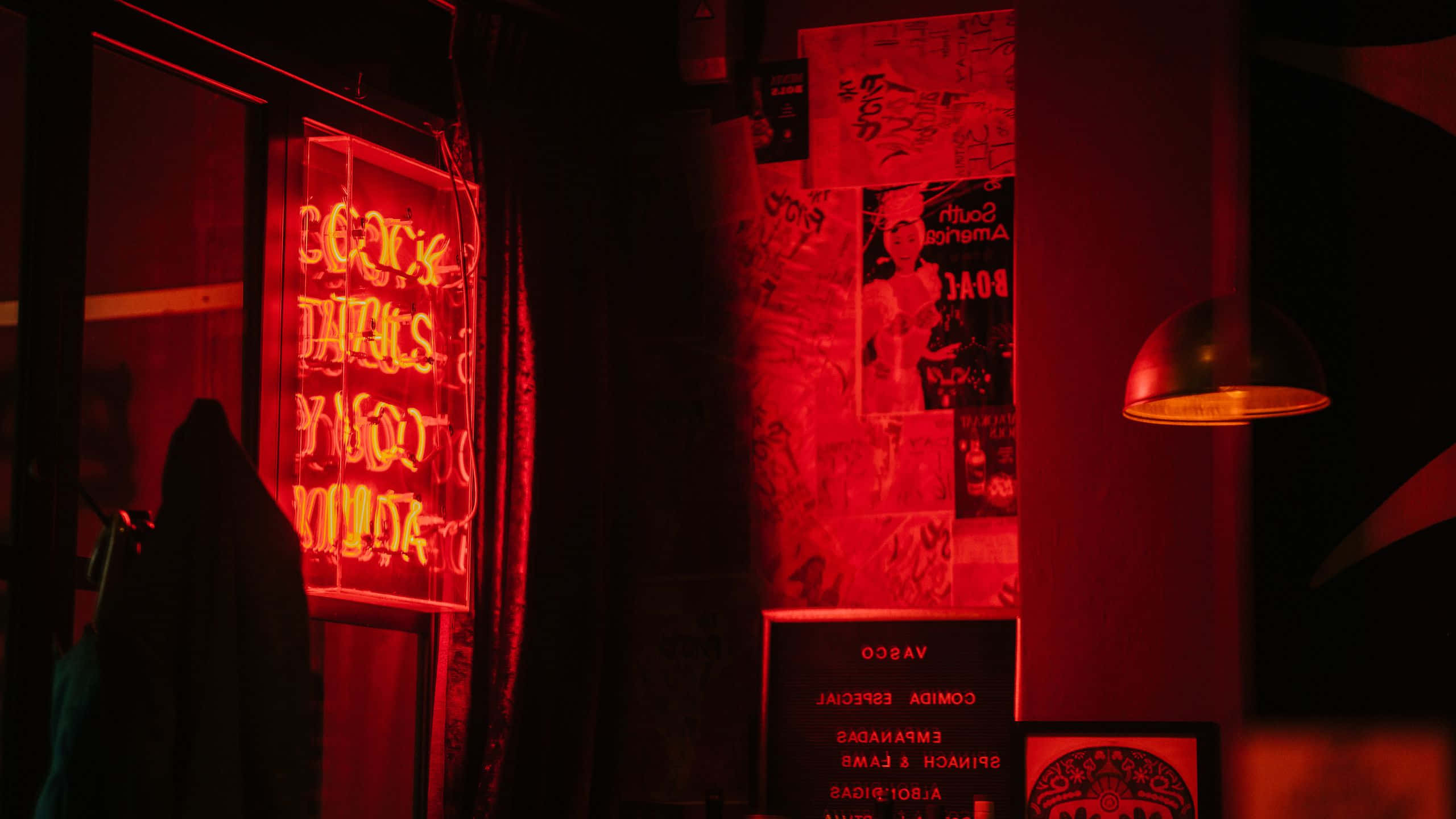 red neon light signage, dimly lit bar, red neon glow, 2K Desktop Wallpaper