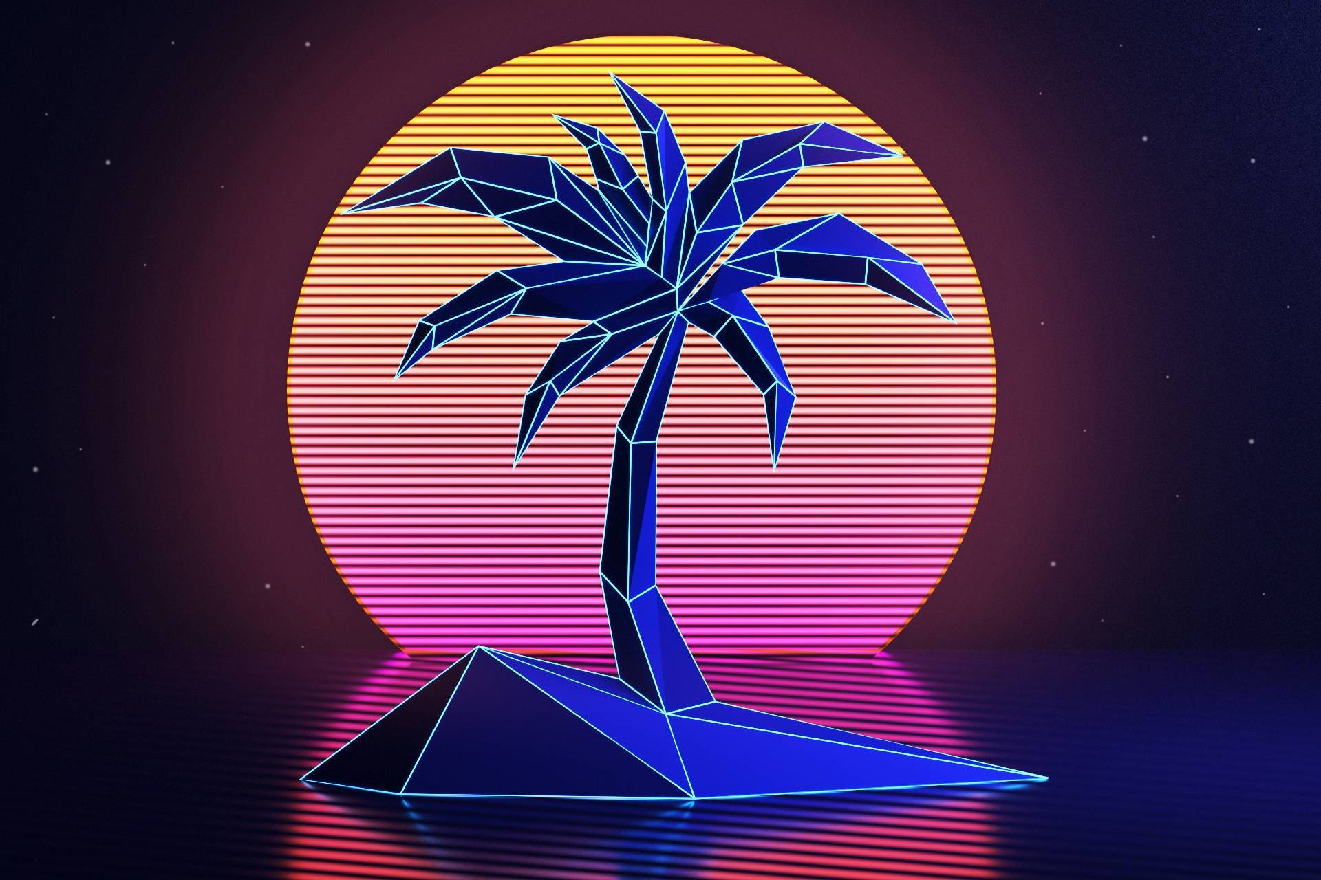 geometric blue palm tree, triangular base, vibrant sunset, Full HD Desktop Wallpaper
