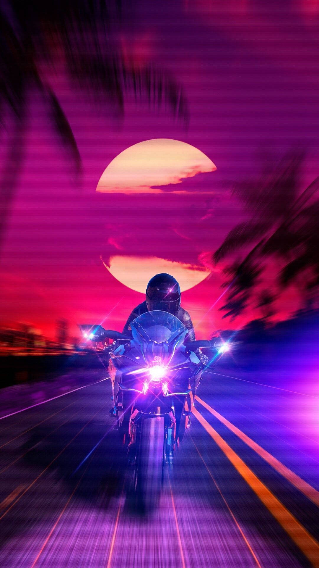 Aesthetic Retro, glowing motorcycle, neon-drenched tropical sunset, Full HD Phone Wallpaper
