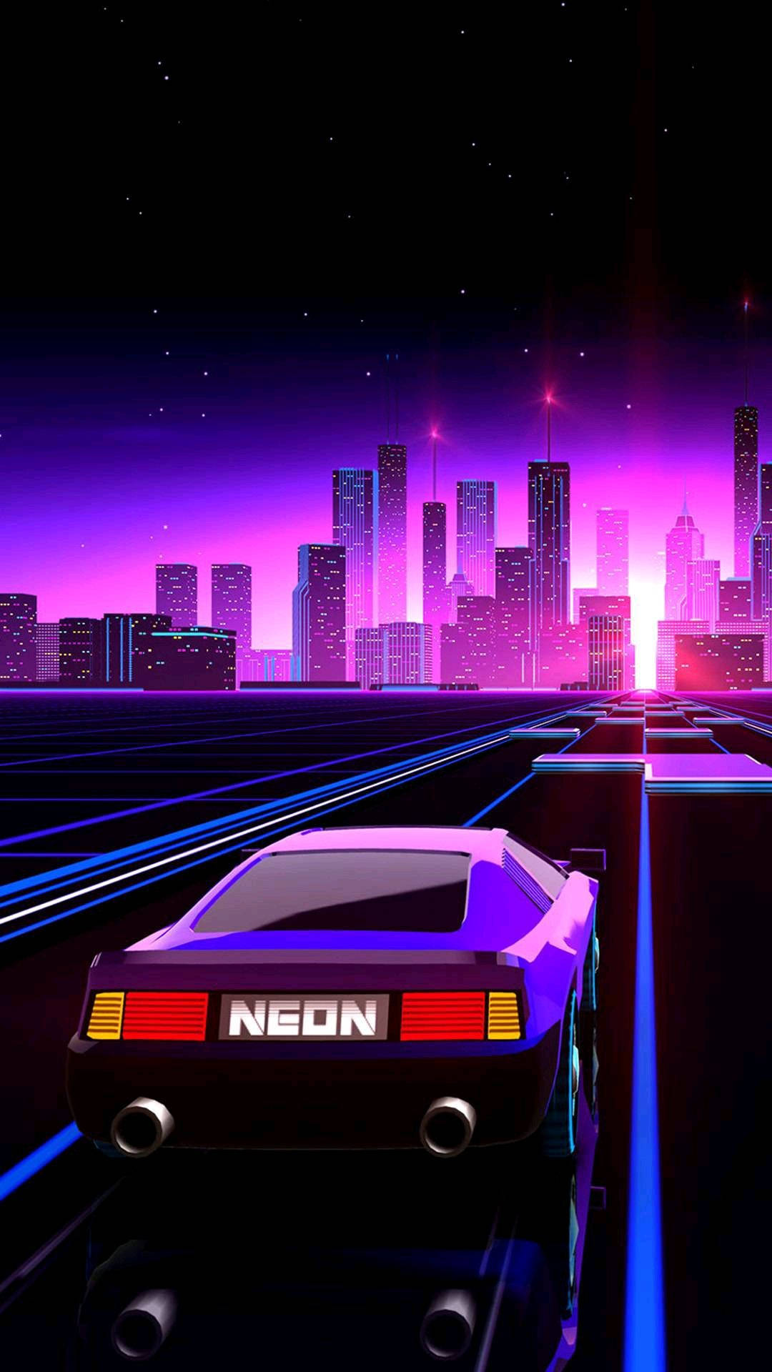 neon purple sports car, glowing highway, futuristic city skyline, Full HD Phone Wallpaper
