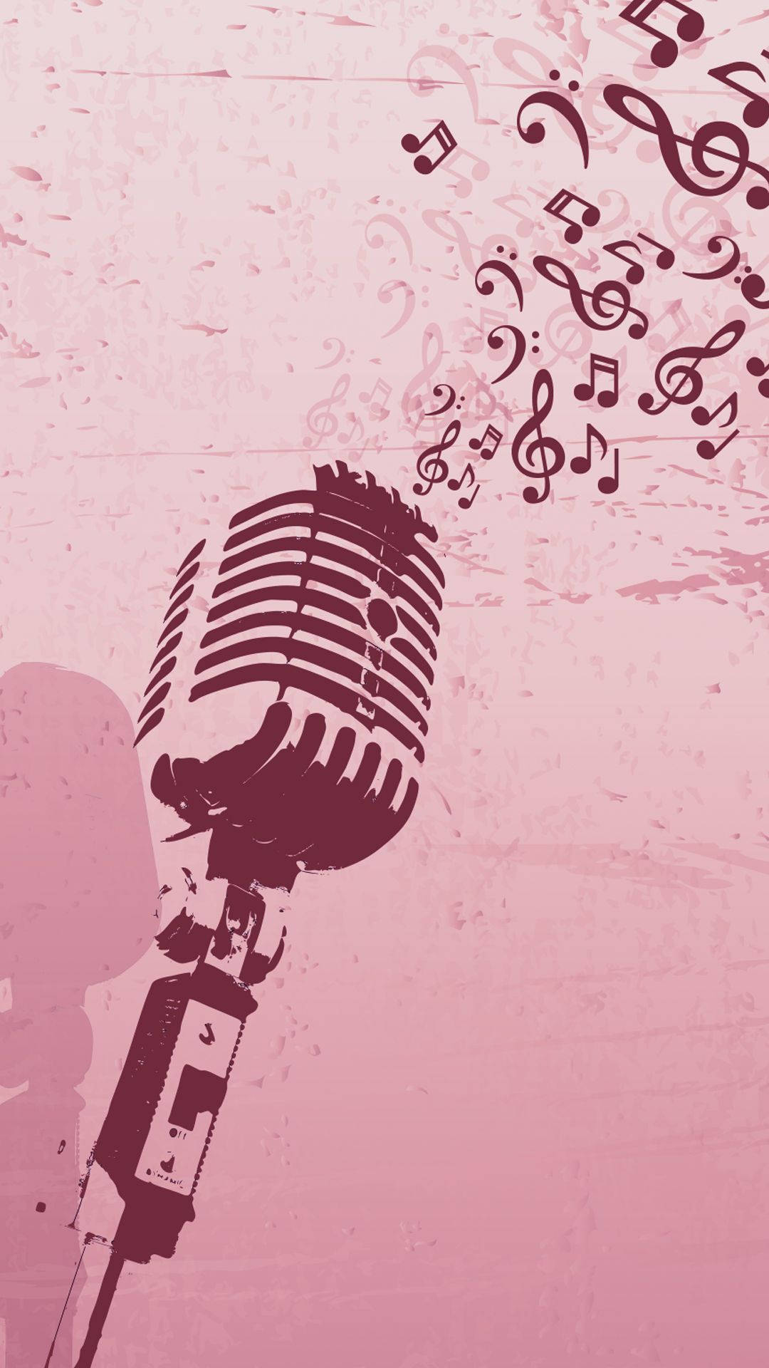 vintage microphone, musical notes, textured pink background, Full HD Phone Wallpaper
