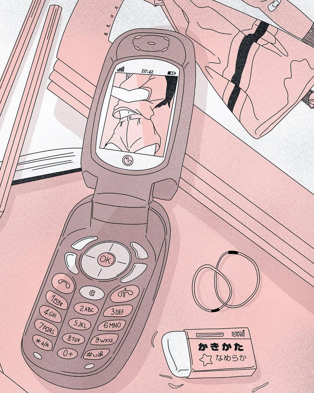 aesthetic retro flip phone, pink flip phone, cartoon character, HD Phone Wallpaper
