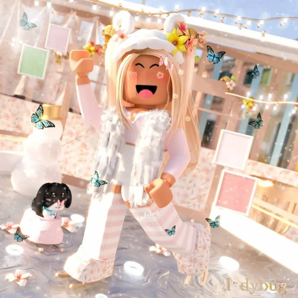 Aesthetic Roblox Girl, white faux fur, floral winter hat, SD Desktop Wallpaper