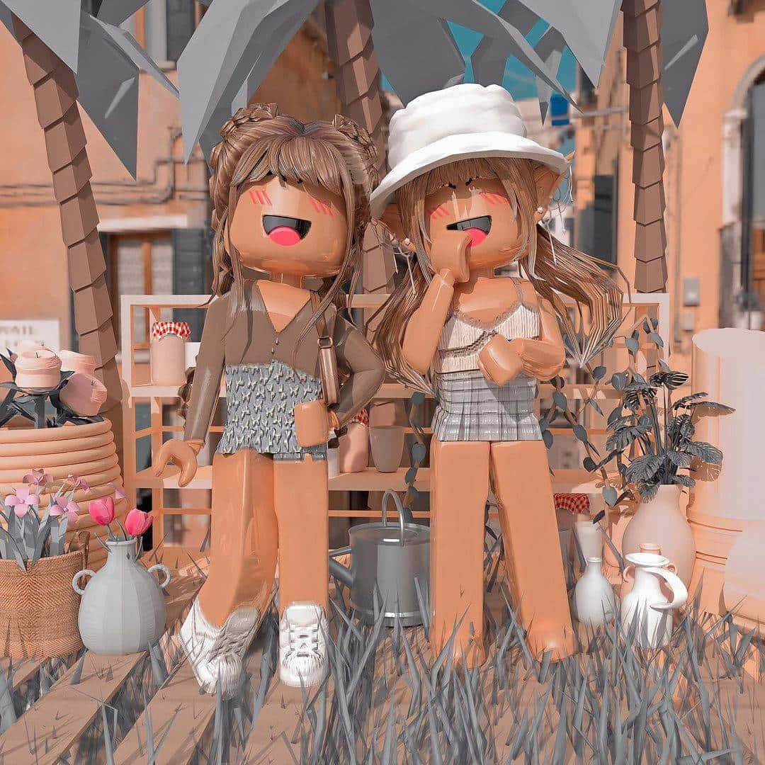 Roblox-style girls, sunlit outdoor market, palm trees, SD Desktop Wallpaper
