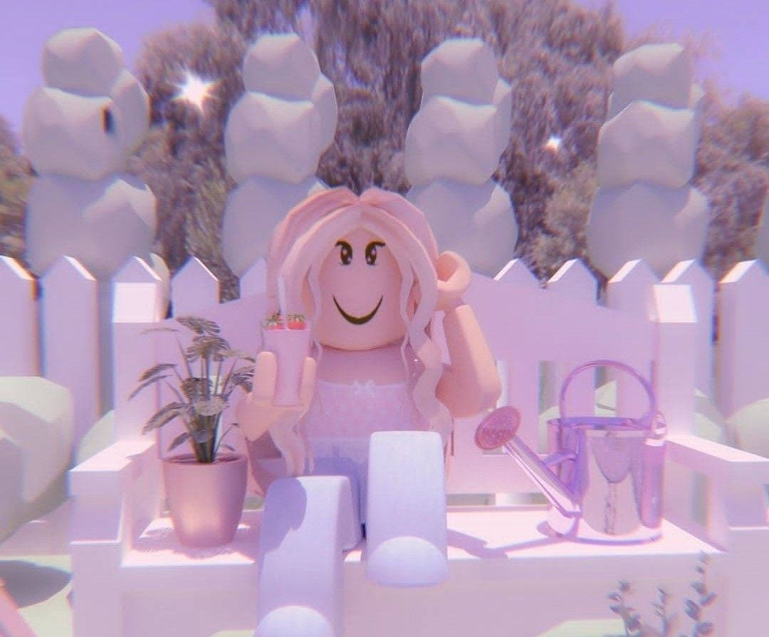 pink-haired Roblox avatar, drink, potted plant, SD Desktop Wallpaper