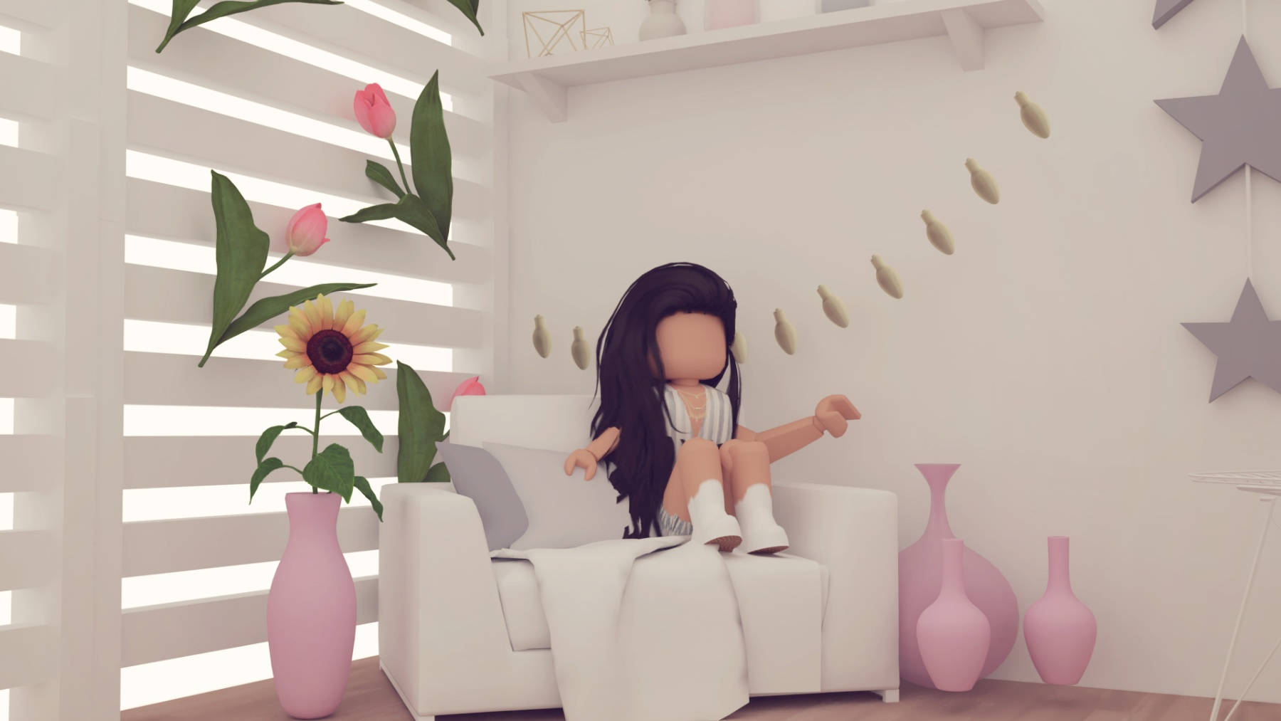 Roblox-style avatar, long dark hair, white couch, HD Desktop Wallpaper