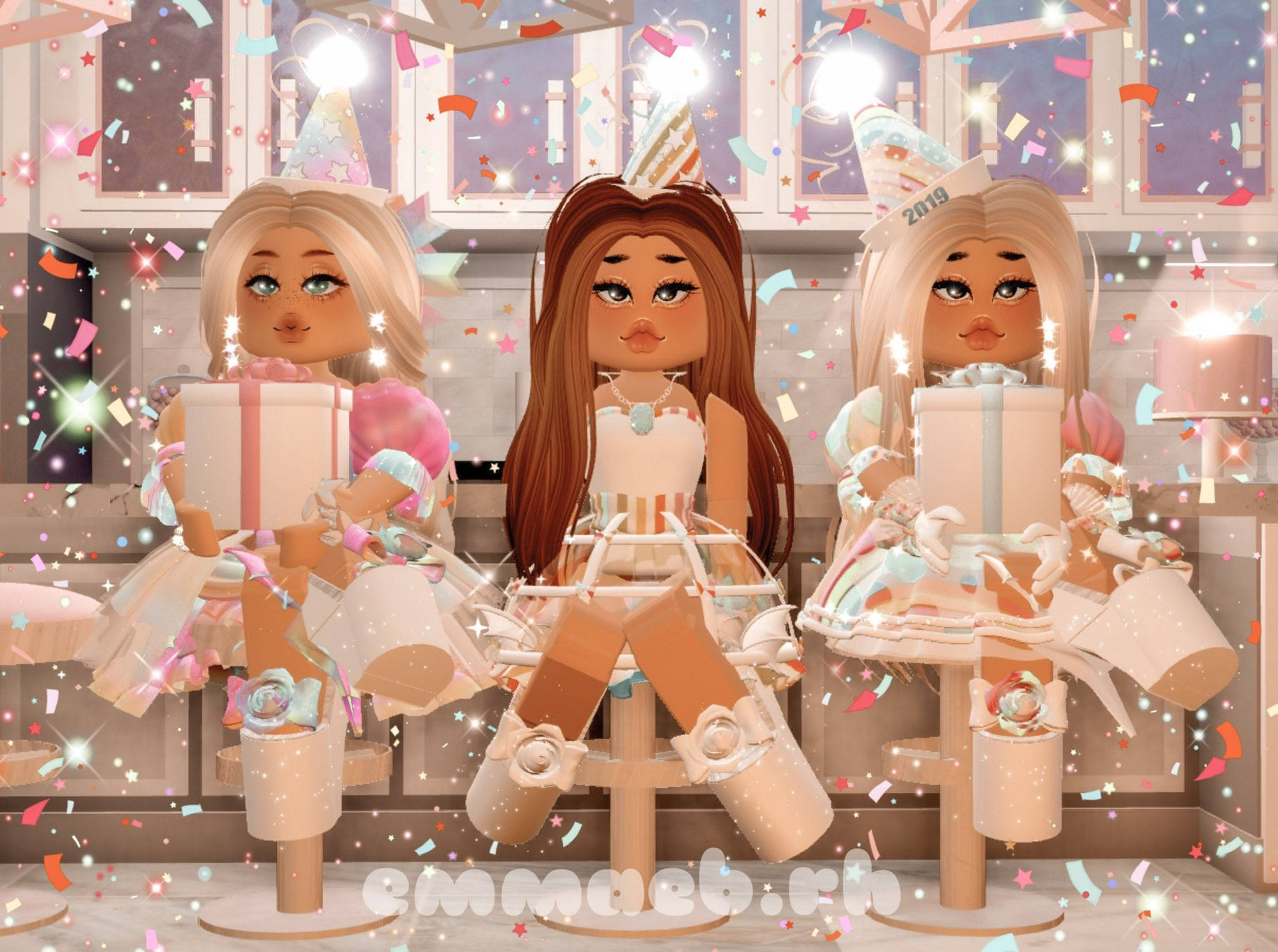 Aesthetic Roblox, party hats, stools, Full HD Desktop Wallpaper
