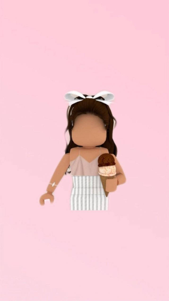 Roblox-style girl, brown hair, white bow, SD Phone Wallpaper