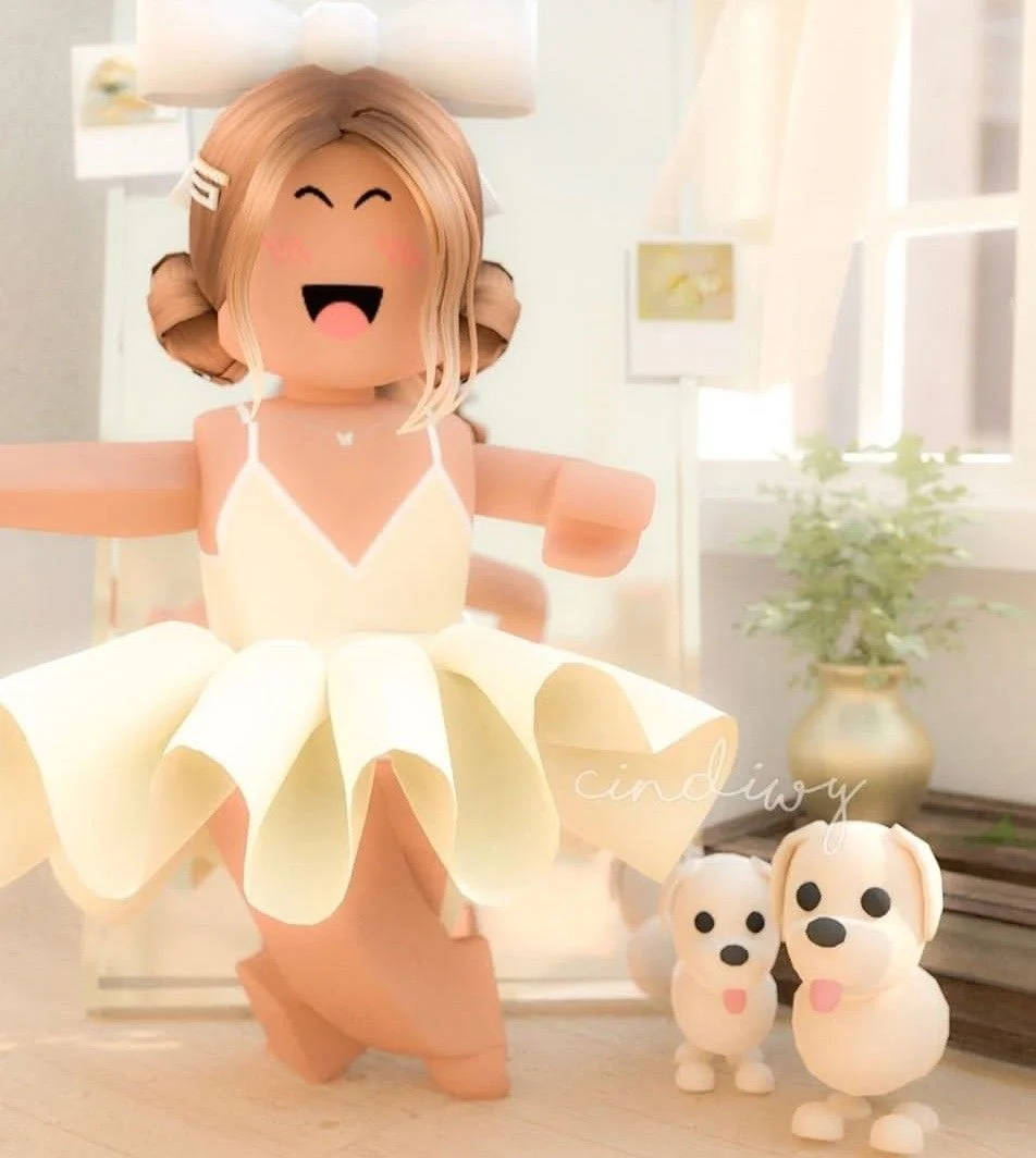 Roblox girl, cream ballet dress, two cute white puppies, SD Phone Wallpaper
