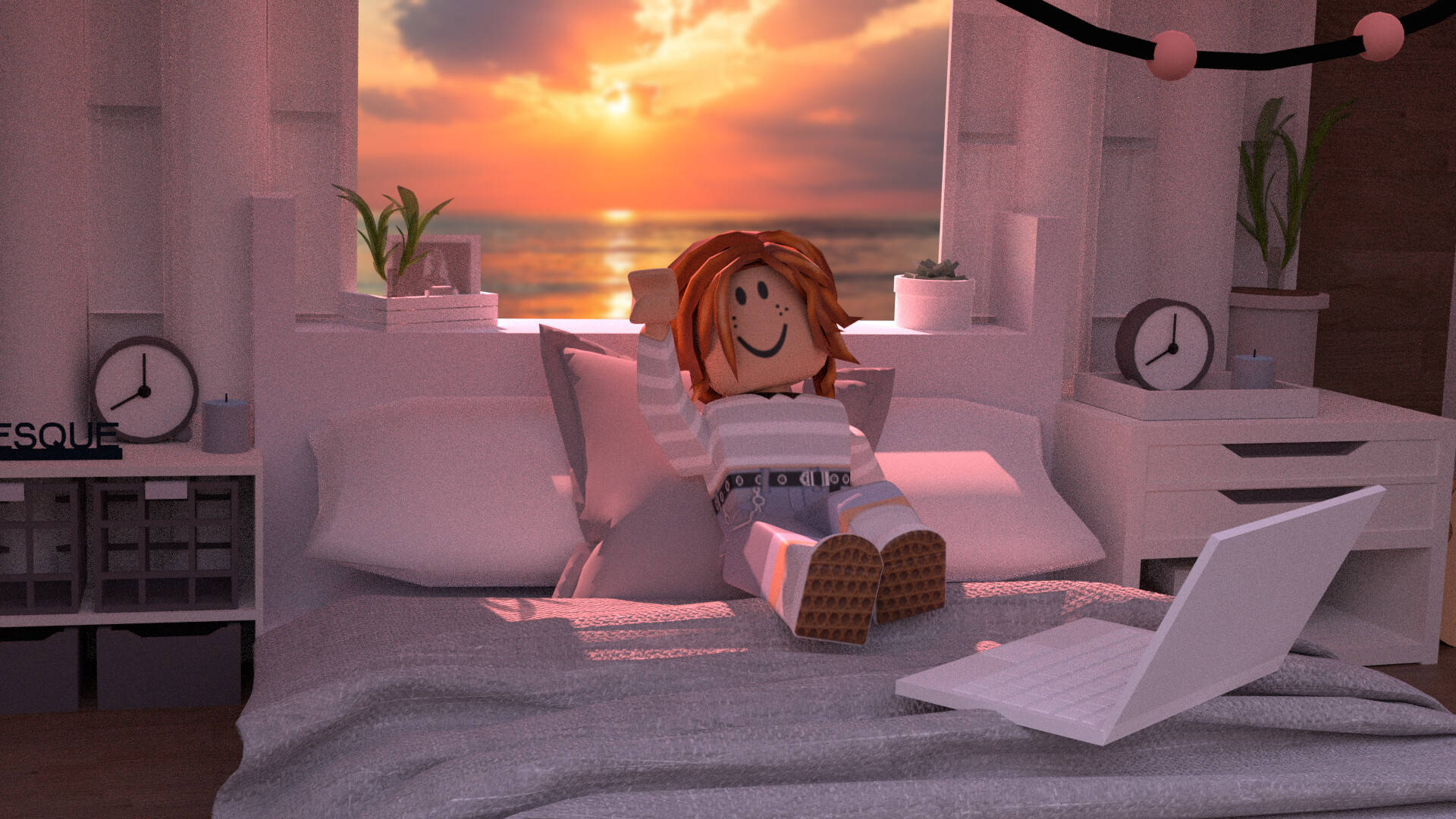 Aesthetic Roblox, Roblox-style character, white bedroom, Full HD Desktop Wallpaper