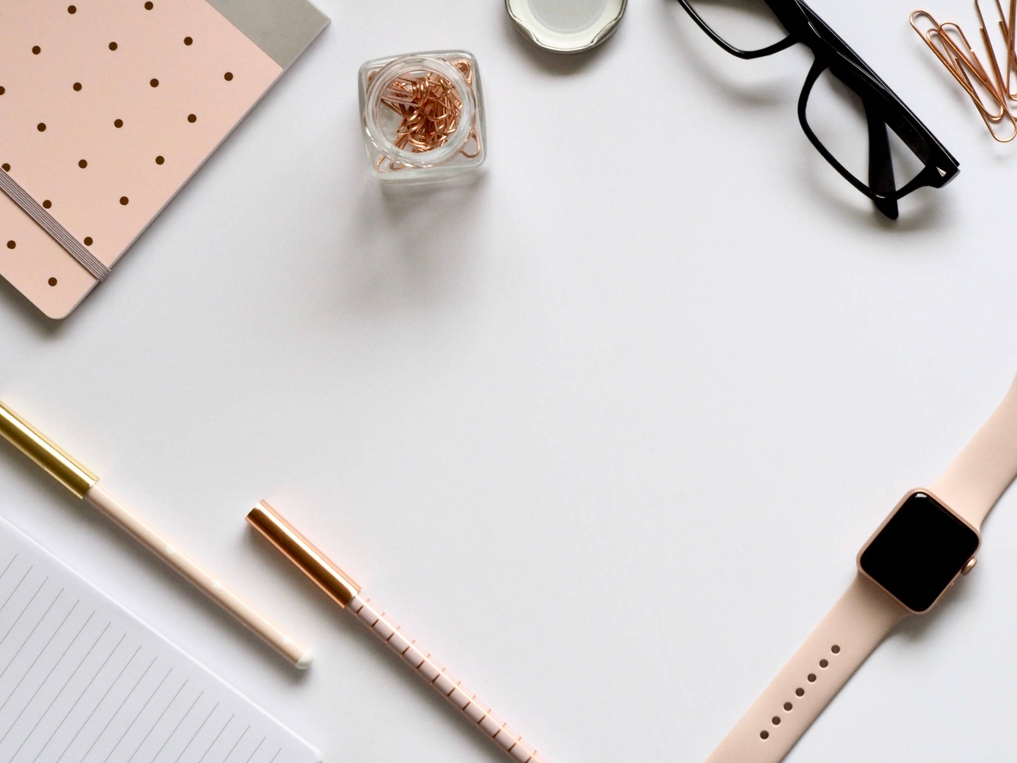 rose gold, white surface, minimalist flat lay, Full HD Desktop Wallpaper