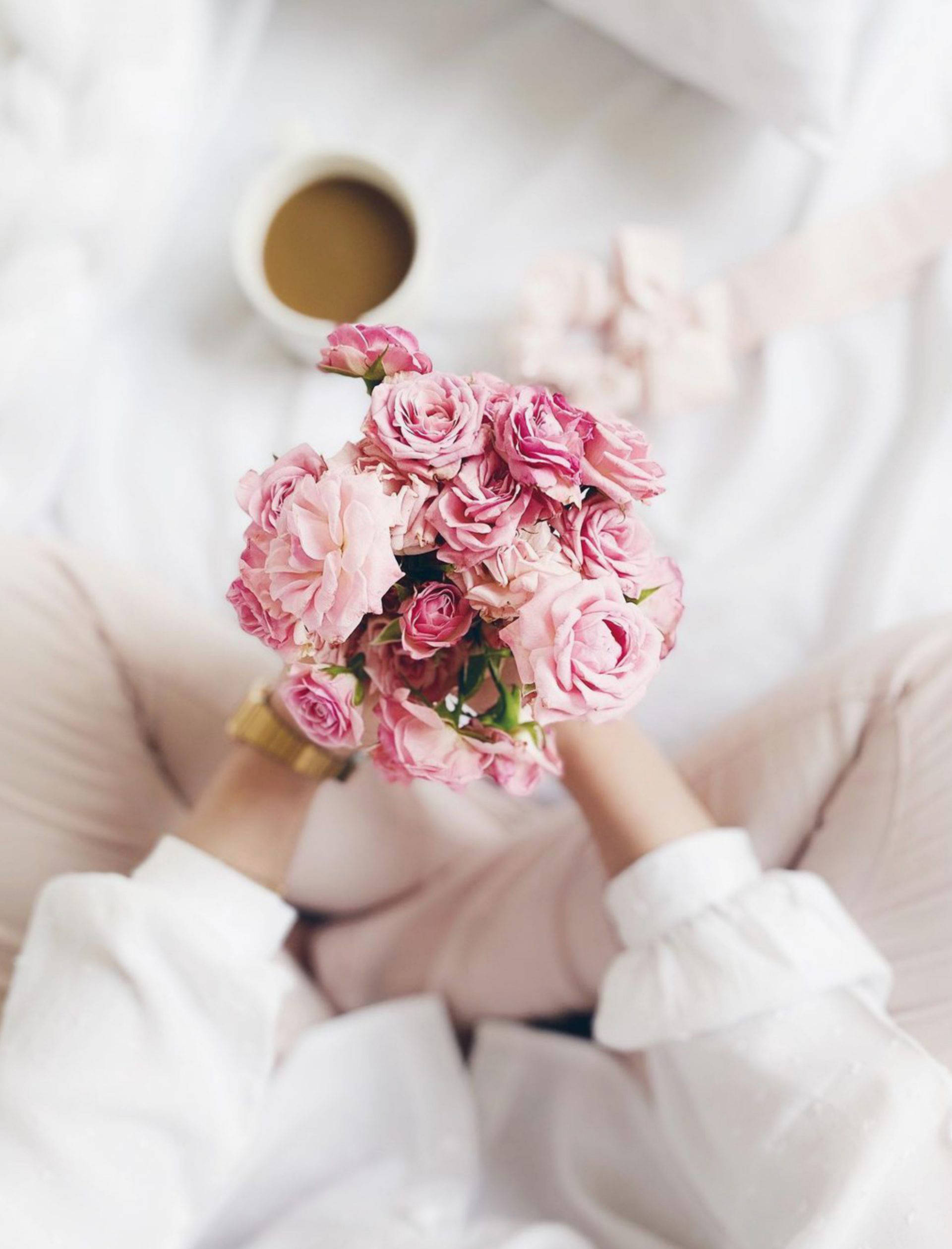 aesthetic rose, pink roses, soft white clothes, Full HD Phone Wallpaper