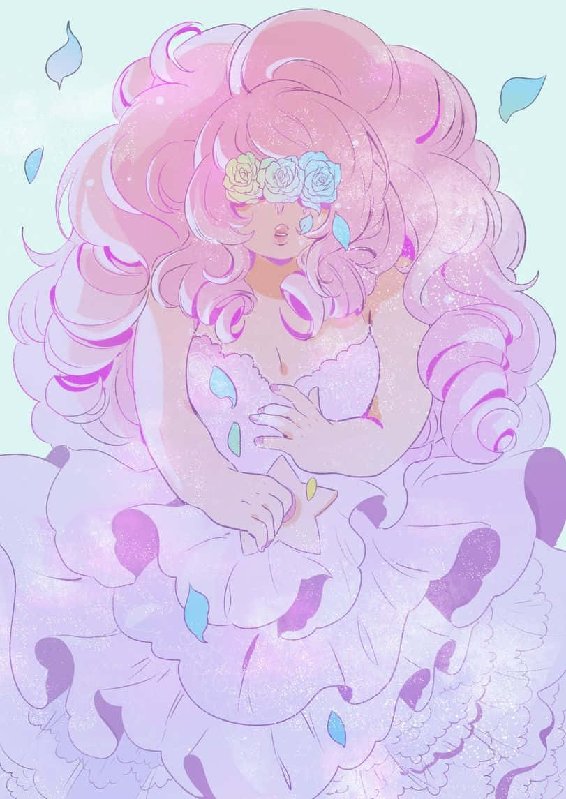 Ethereal Rose Quartz Illustration, whimsical anime girl, voluminous pink hair, SD Phone Wallpaper