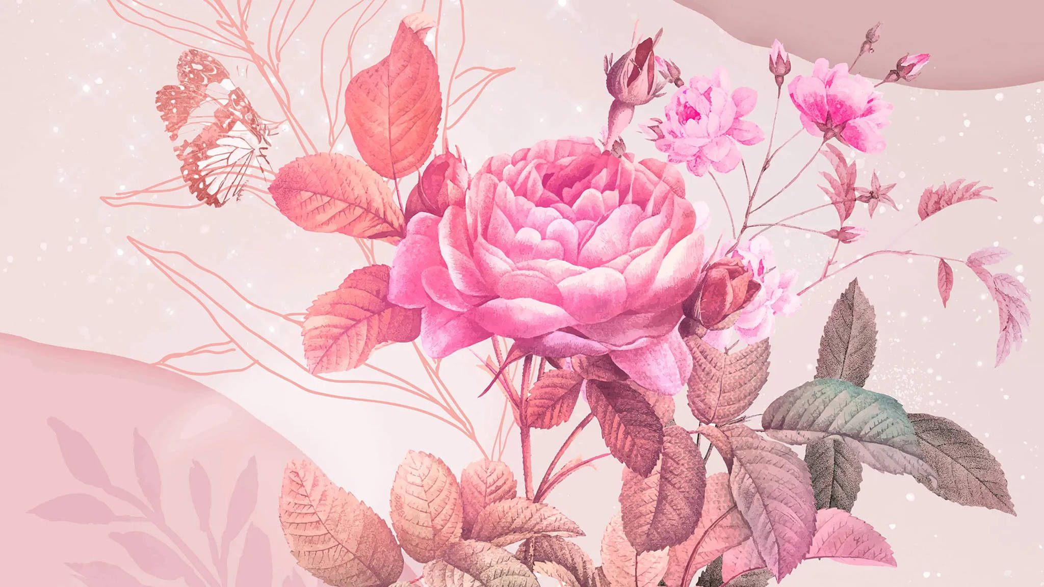 Aesthetic Desktop Rose Painting, pink roses, leaves, Full HD Desktop Wallpaper