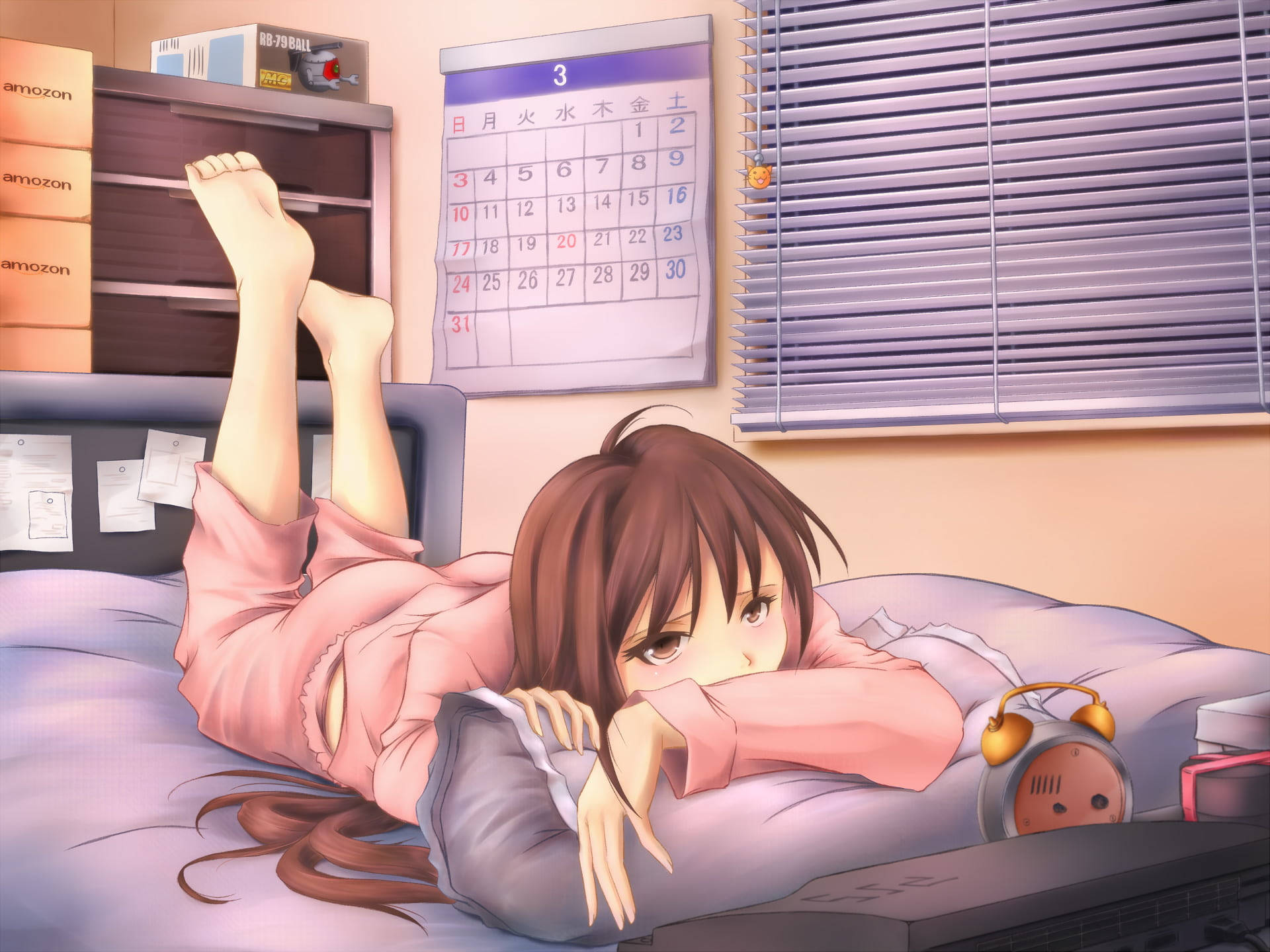 brown-haired anime girl, pink pajamas, bedroom, Full HD Desktop Wallpaper