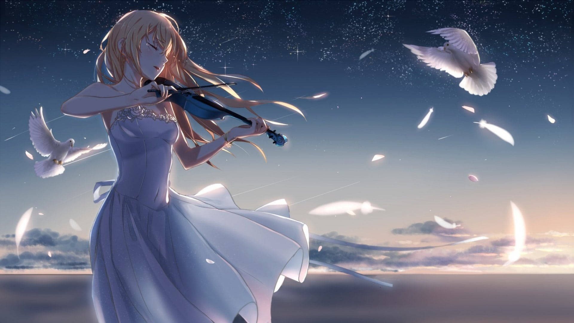aesthetic sad anime girl, violin, starry twilight sky, Full HD Desktop Wallpaper