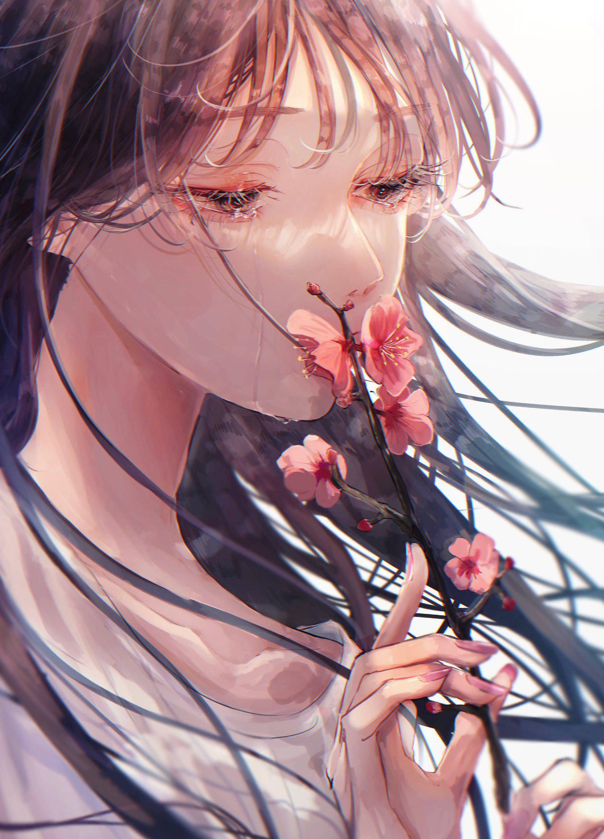 Aesthetic Sad Anime Girl, pink cherry blossom branch, long dark hair, 2K Phone Wallpaper