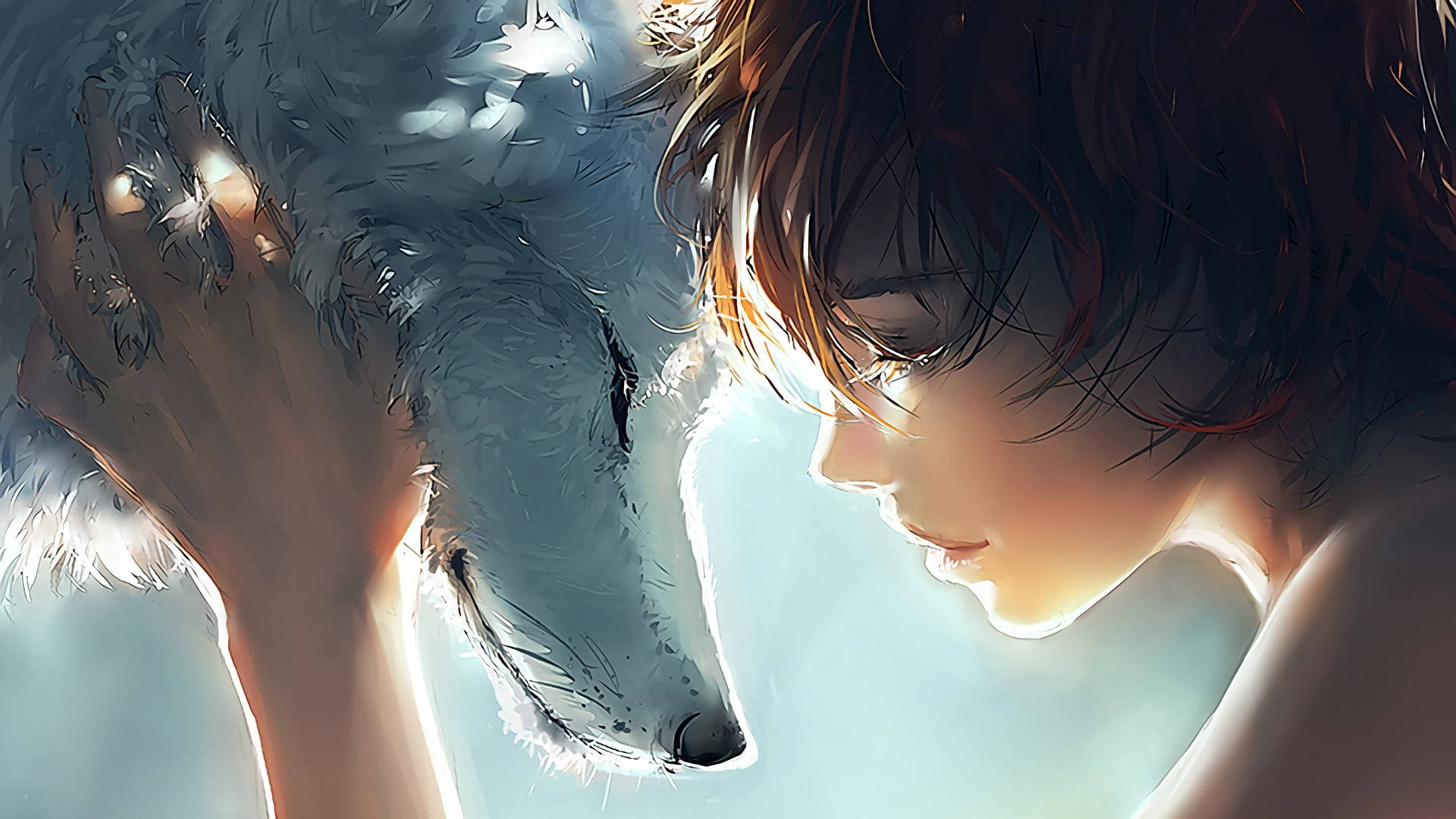 Aesthetic Sad Anime Girl, white wolf, anime-style, Full HD Desktop Wallpaper