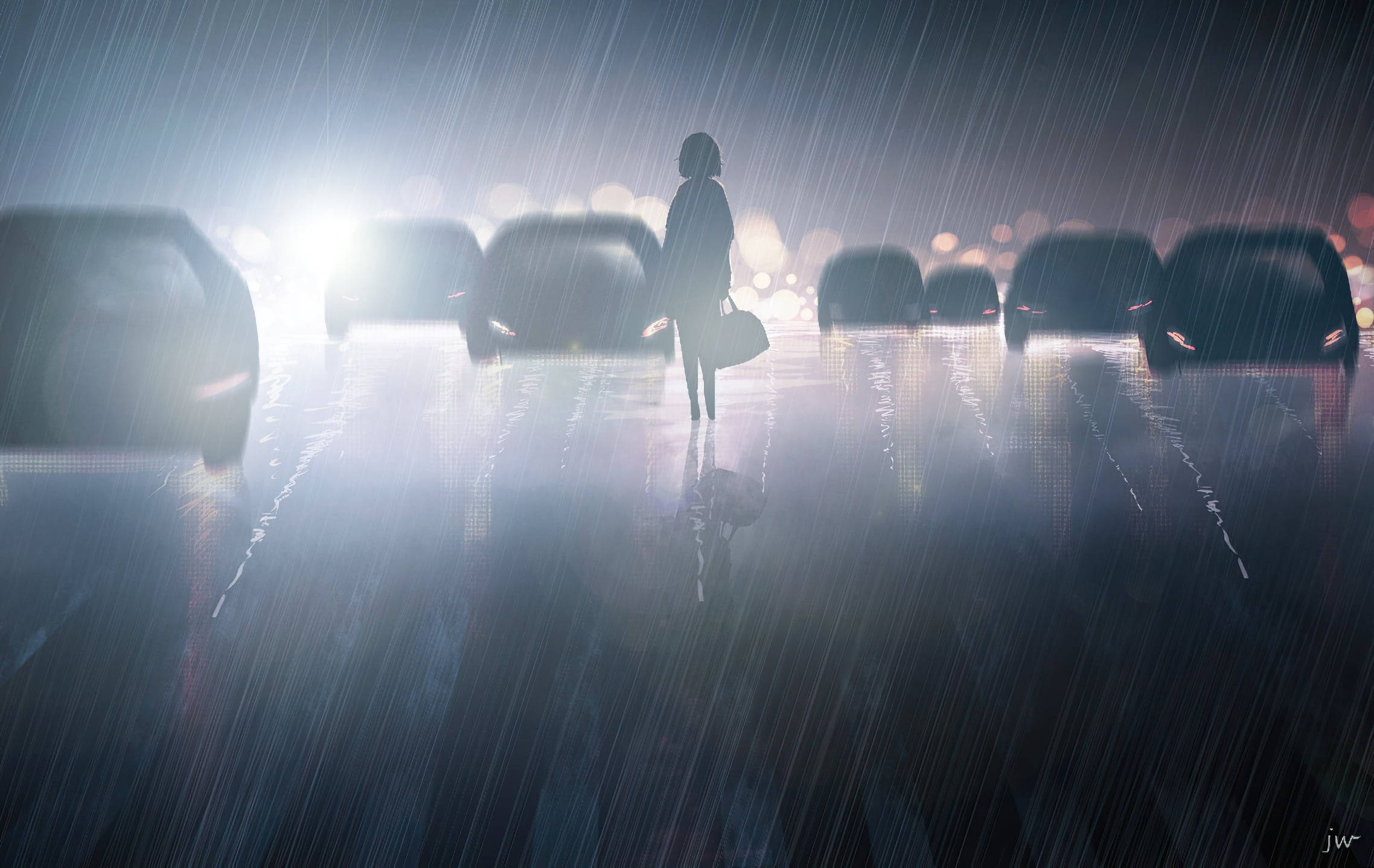 Aesthetic Sad Anime Girl, rainy road, wet city street, Full HD Desktop Wallpaper