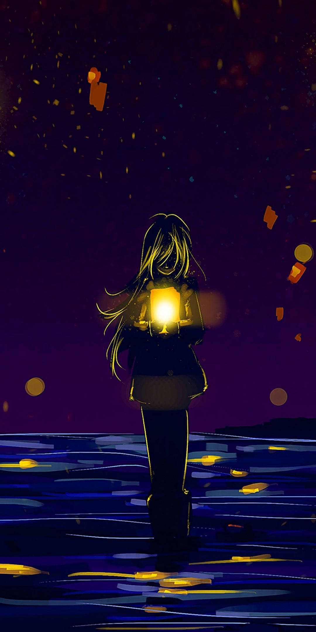 anime girl, glowing lantern, dark water, Full HD Phone Wallpaper