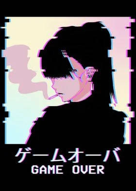 glitch-art anime girl, short hair, smokes a cigarette, SD Phone Wallpaper