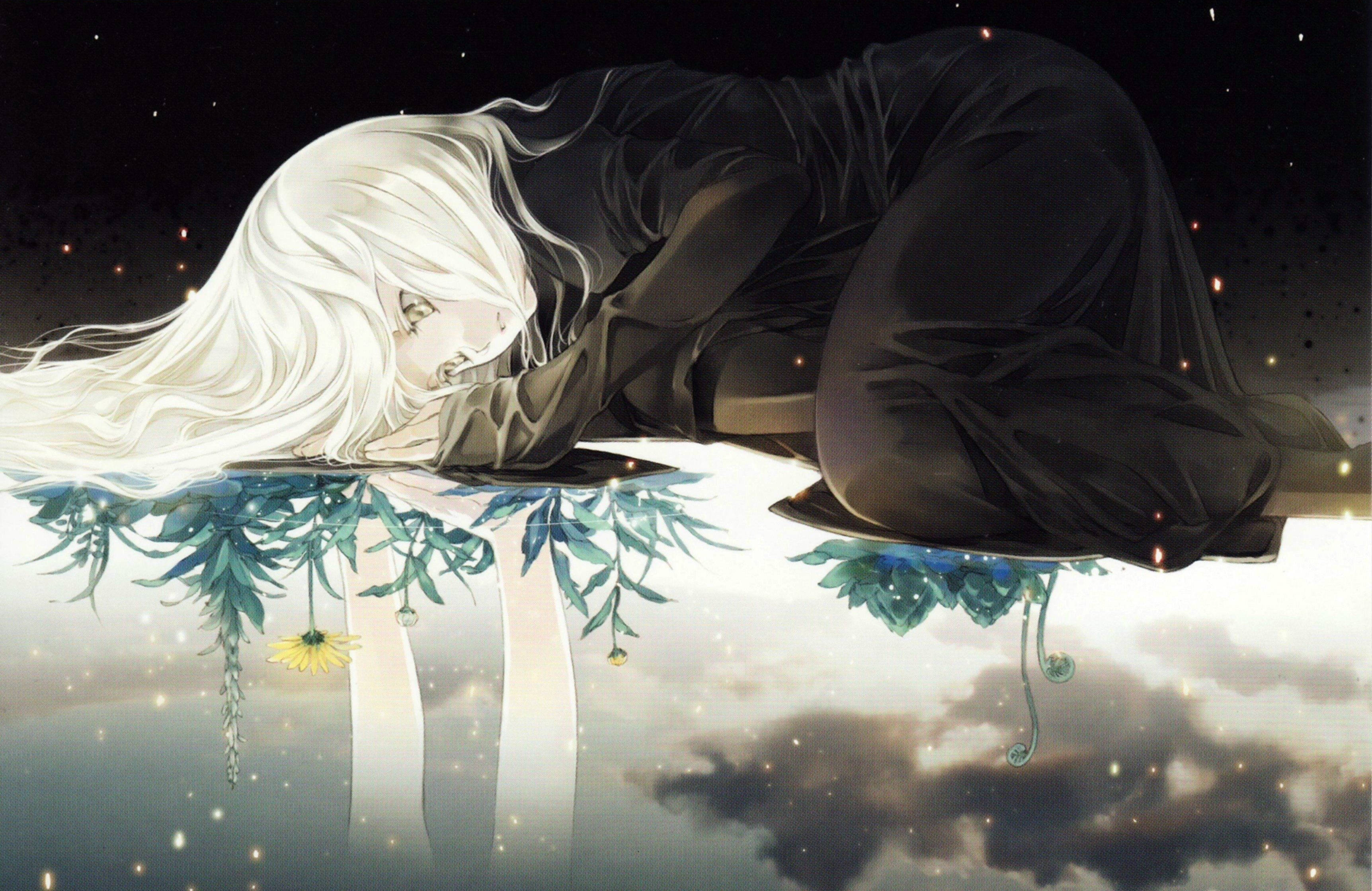 white-haired anime figure, dark robes, reflective surface, 2K Desktop Wallpaper