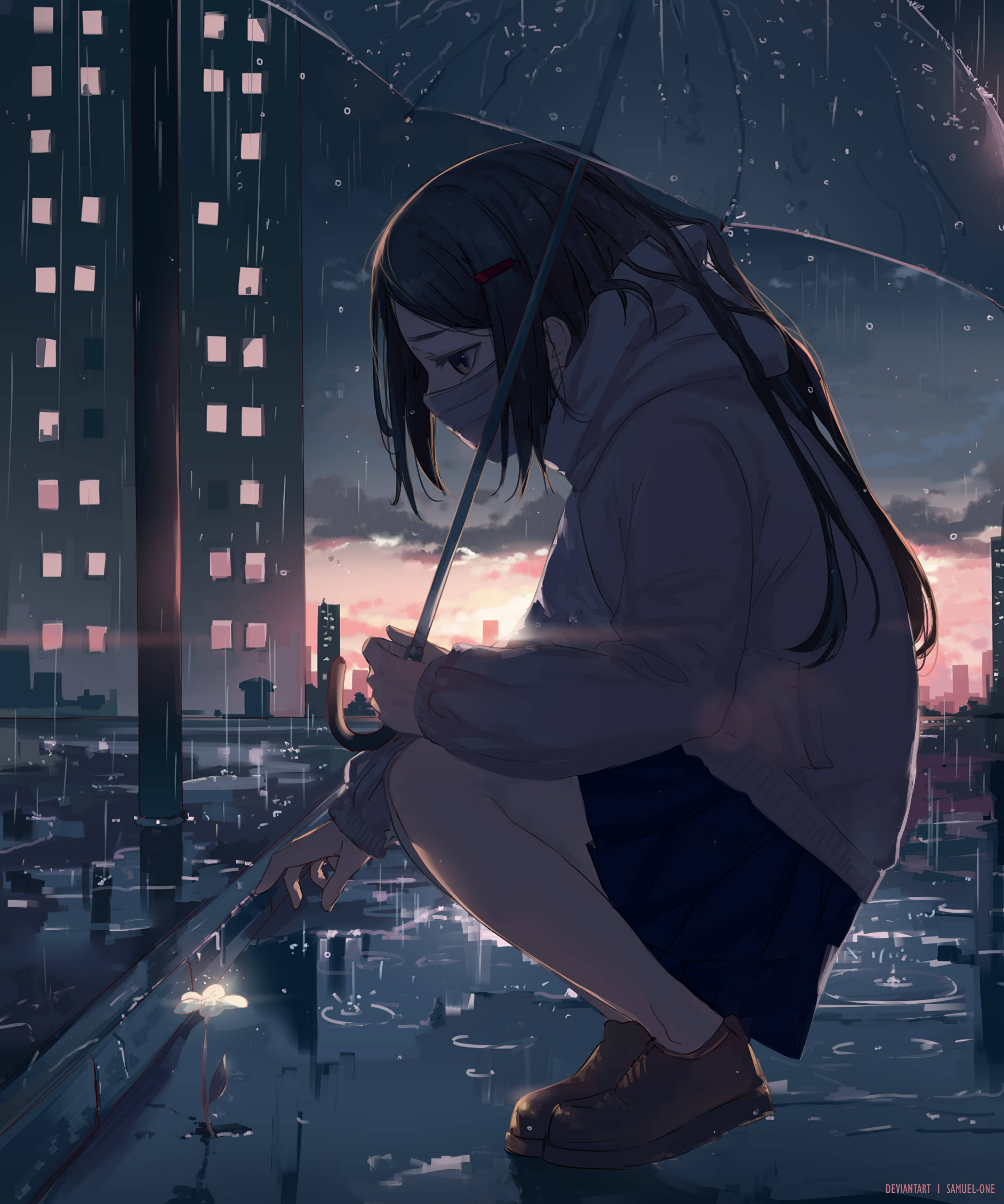 Aesthetic Sad Anime Girl, rain, umbrella, 2K Phone Wallpaper