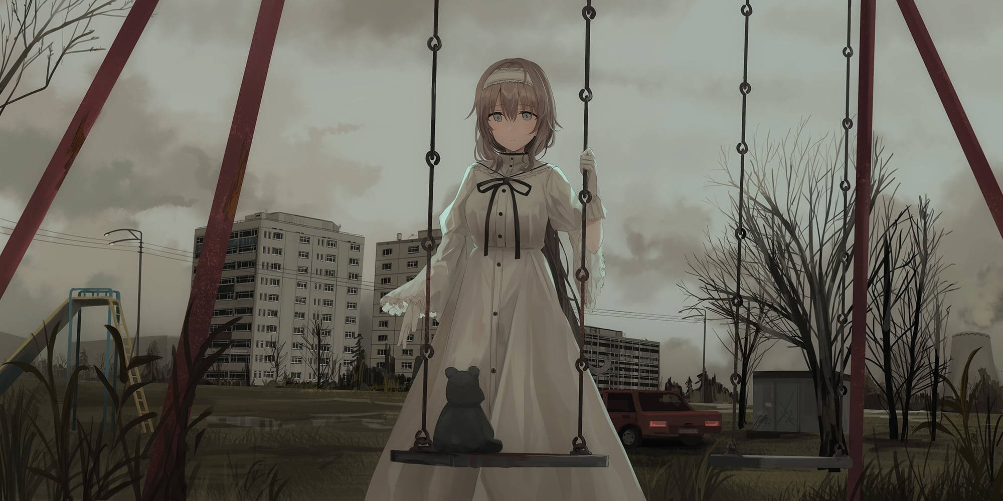 Aesthetic Sad Anime Girl, white dress, swing, Full HD Desktop Wallpaper
