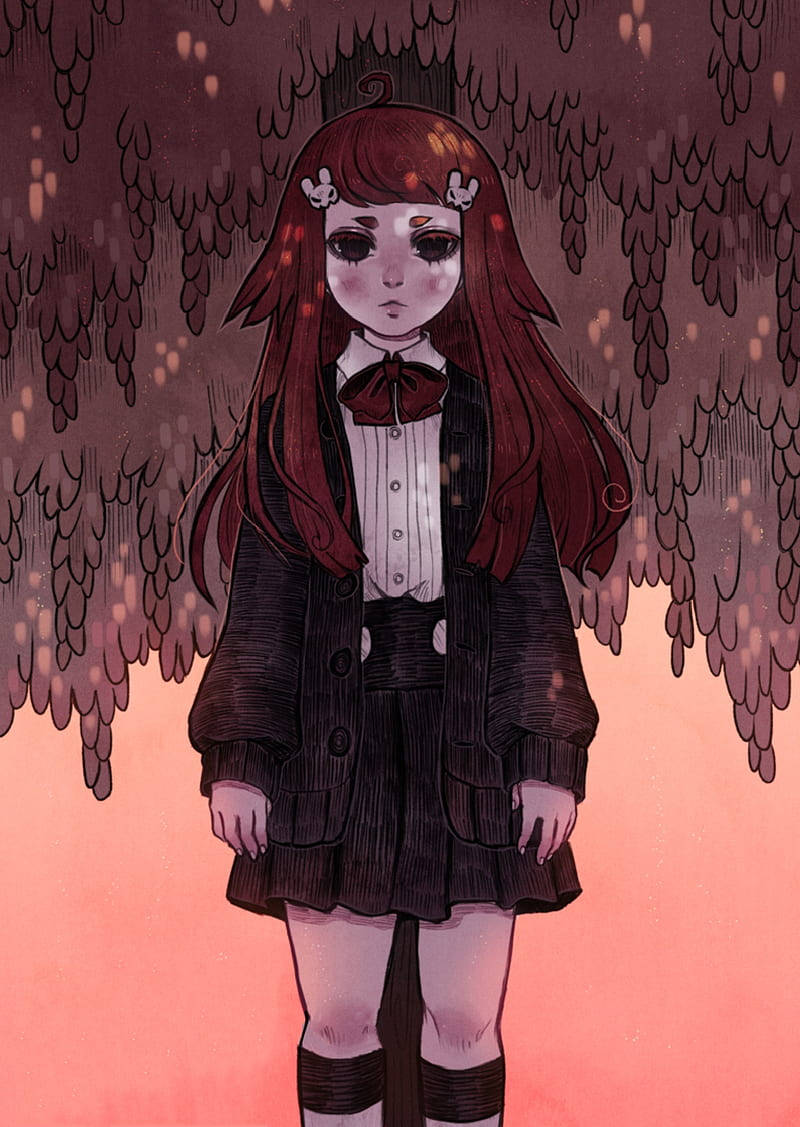 Aesthetic Emo Die Wonder Anime Girl, long red hair, dark school uniform, SD Phone Wallpaper