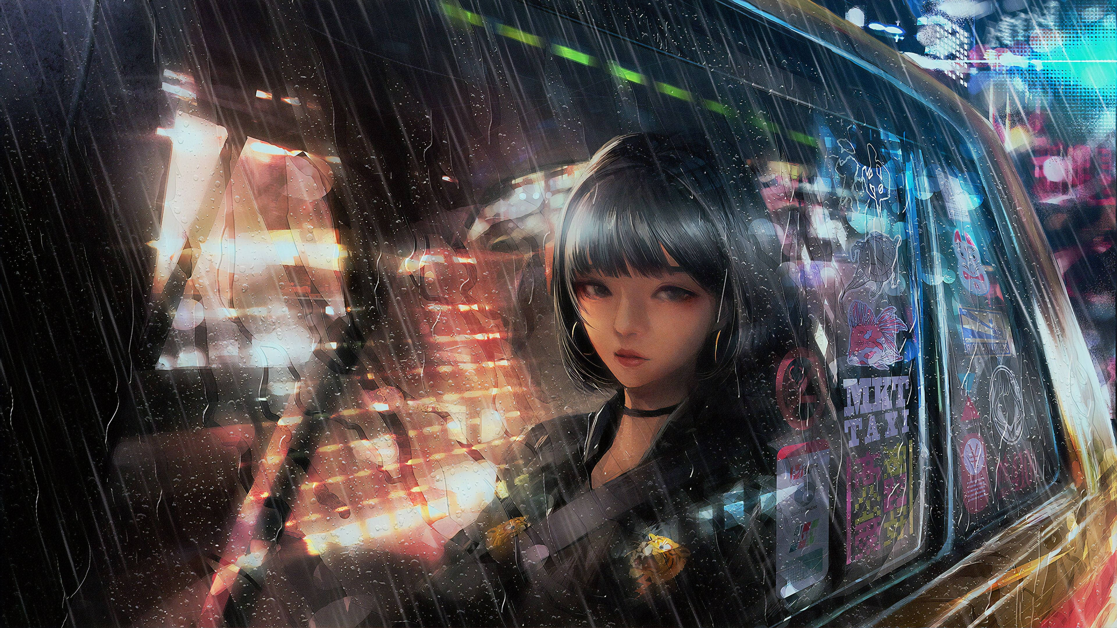 cyberpunk anime girl, short silver hair, rain-splattered taxi, 4K Desktop Wallpaper